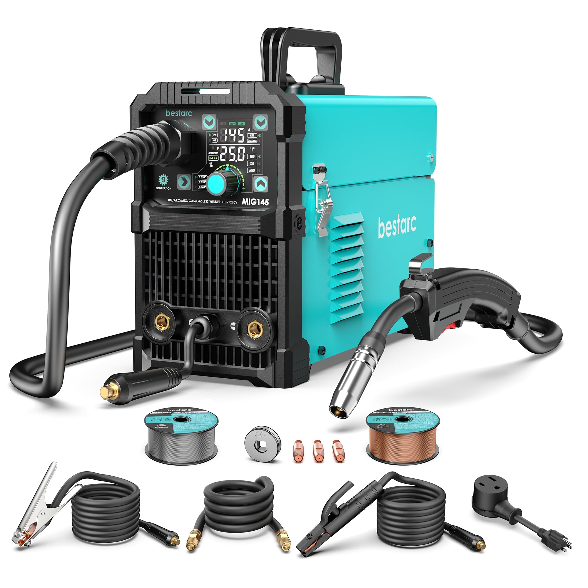bestarc 145A MIG Welder, 110V/220V Dual Voltage Gas/Gasless Flux Core MIG Welder/Lift TIG/Stick 3 in 1 Synergic MIG145 9GEN Welding Machine, Flux/Solid Welder Digital Screen Display