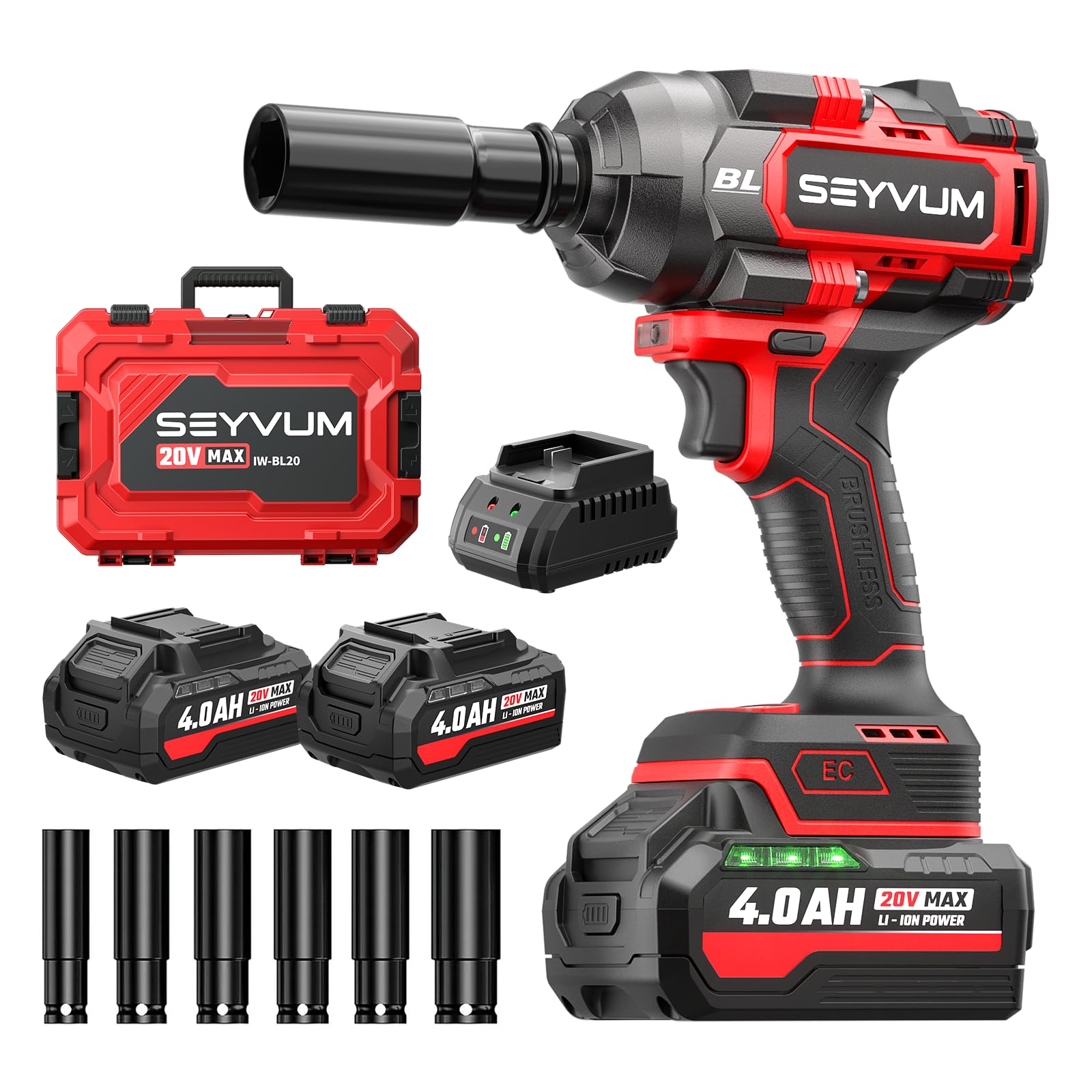 SEYVUM Cordless Impact Wrench, 1/2” Max Torque 900 Ft-lbs / 1200 N.m Powerful Impact Gun, 20V 3500RPM Electric Impact Driver, 2 x 4.0Ah Battery & Fast Charger, 6 Impact Sockets, Carrying Case Included