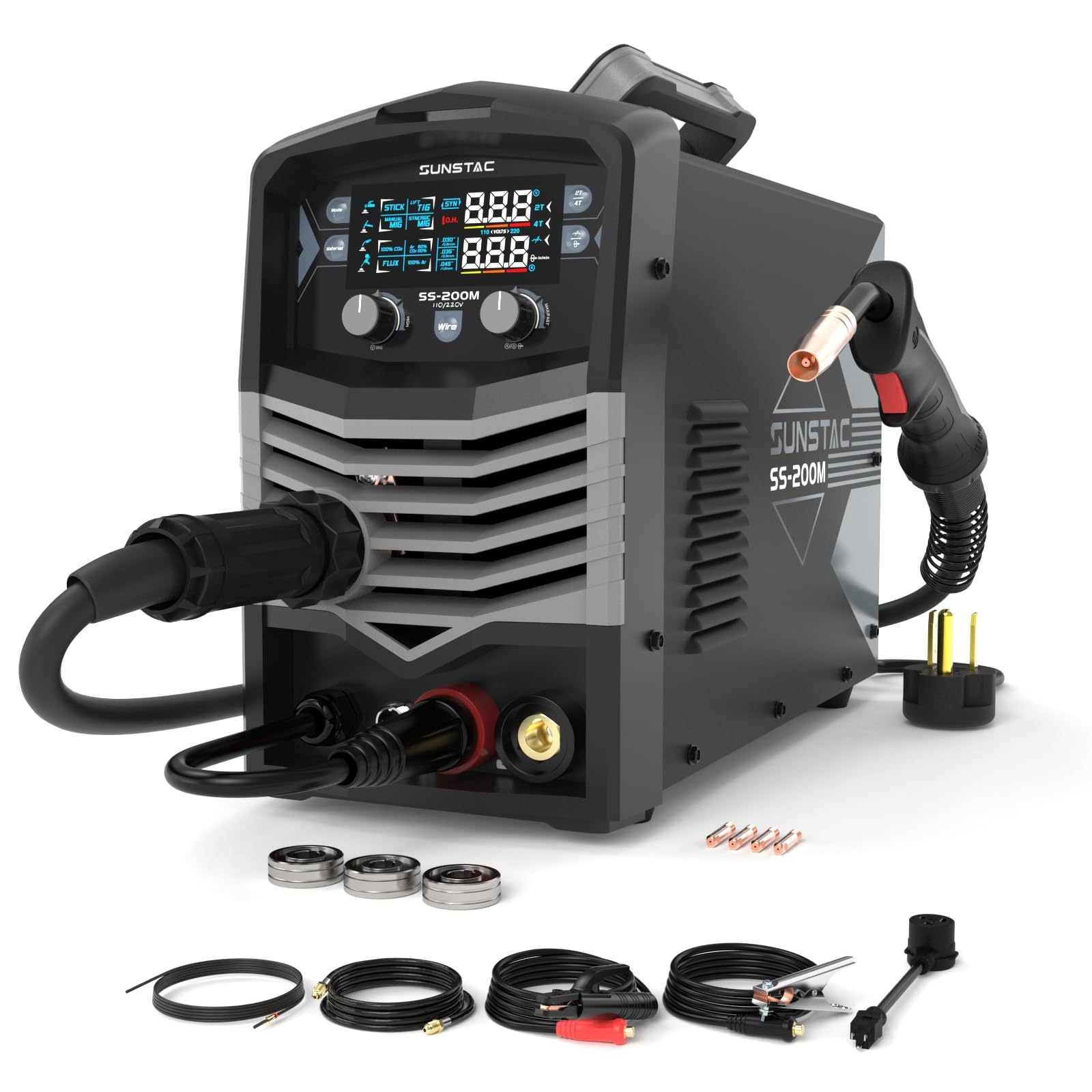 Sunstac MIG Welder, 200A 110V/220V MIG/Flux Core/Spool Gun/Lift TIG/Stick 5 in 1 Aluminum MIG Welding Machine, IGBT Inverter Synergic Control, Digital Screen Display, Over Loading Protection