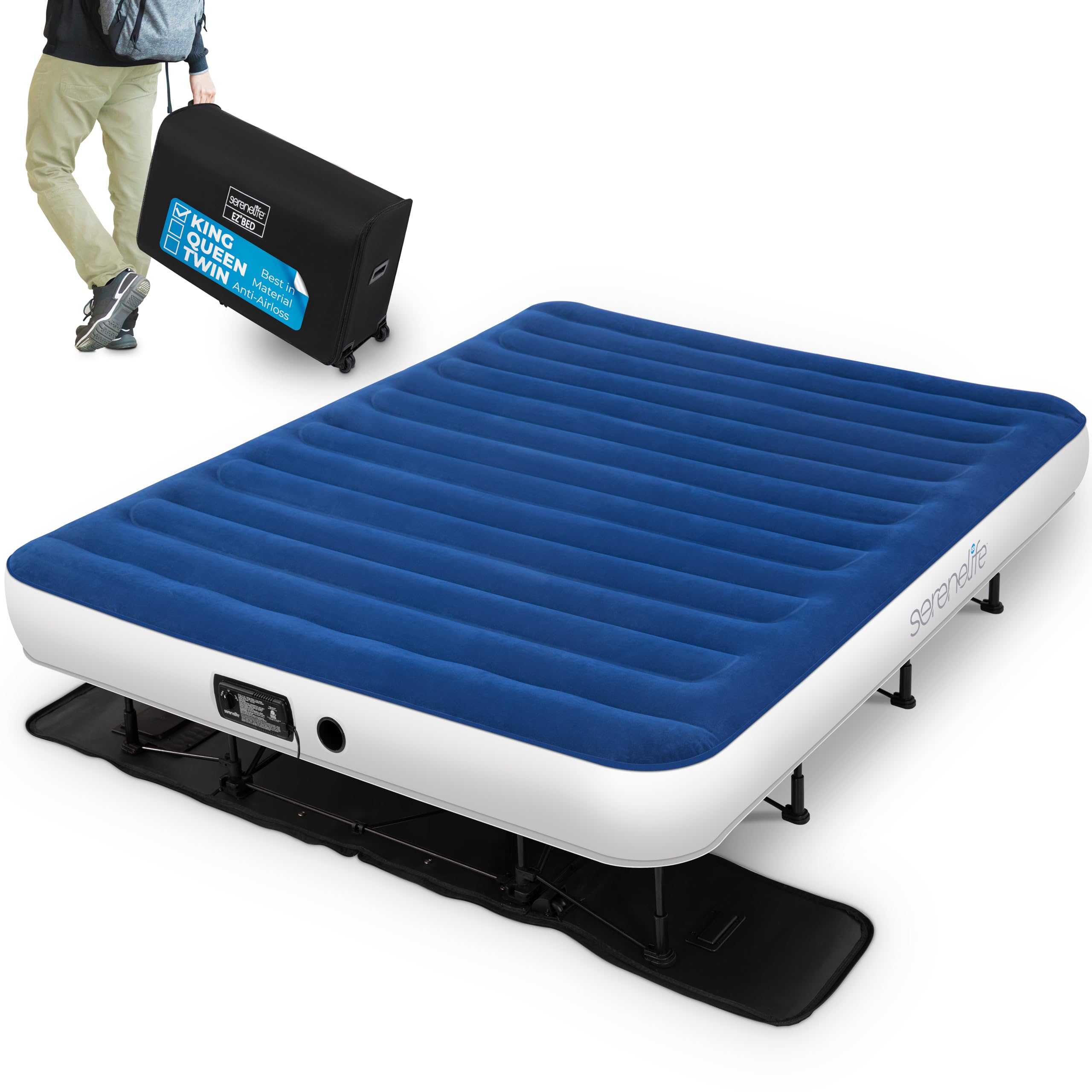 SereneLife EZ Bed Air Mattress with Frame and Rolling Case, Self-Inflating Airbed with Built in Pump for Travel and Hosting, King