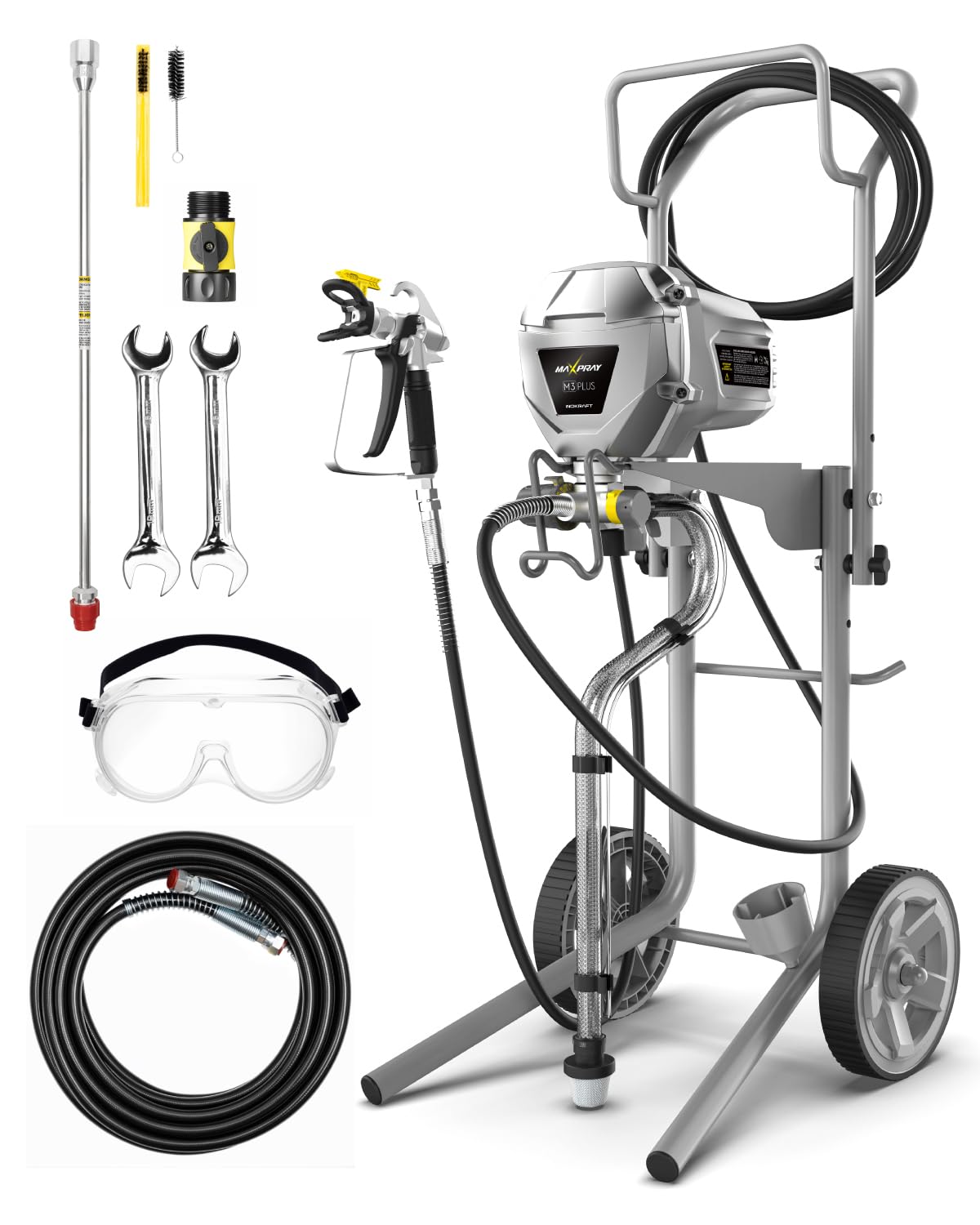 InoKraft MaXpray M3 Cart Airless Paint Sprayer, Highly Efficient Thinning-Free Minimal Overspray for Up to 15 Gallon DIY Painting Projects Home Interior & House Exterior, with Sprayer Accessories