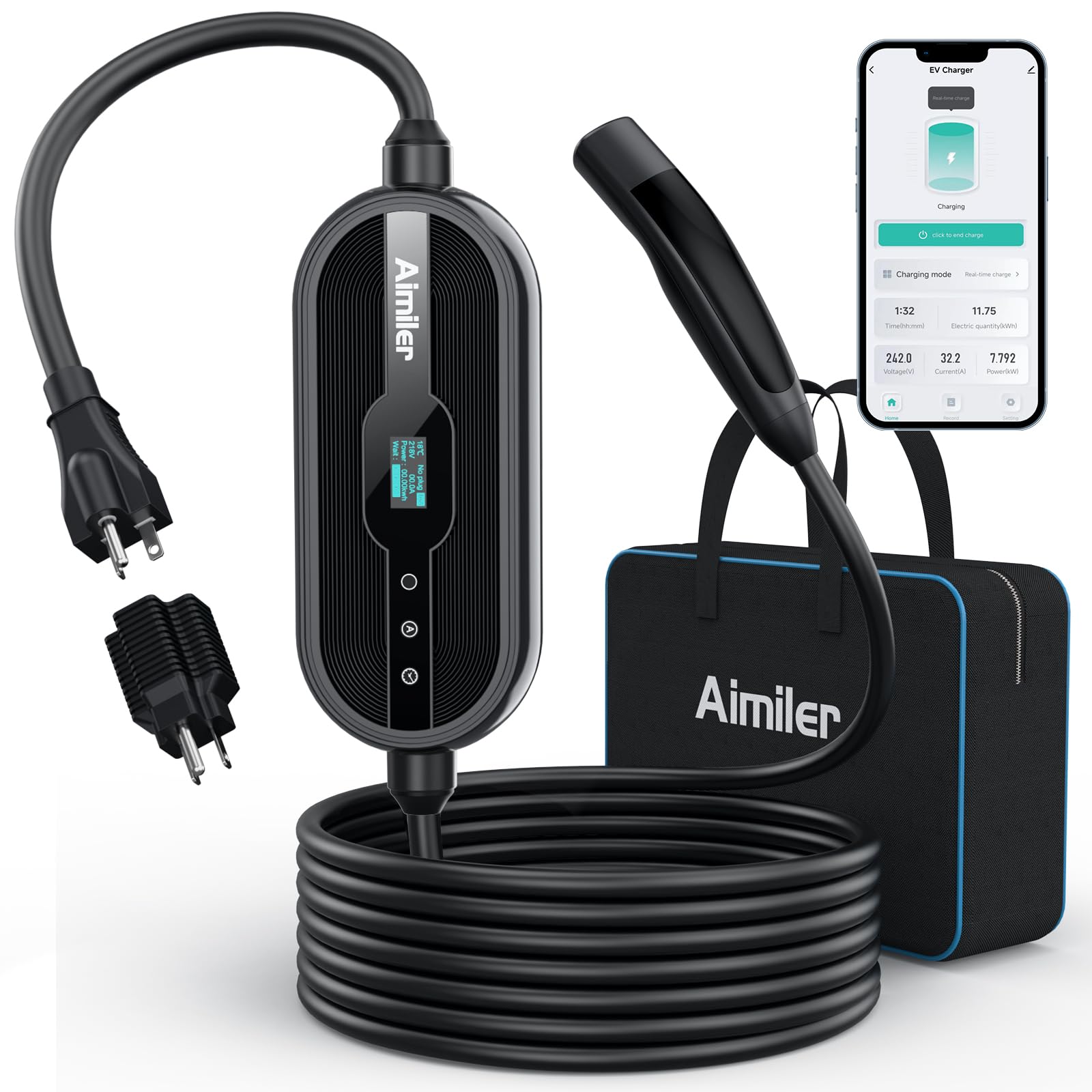 AIMILER Level 1/2 Tesla Charger(WiFi APP), 16Amp, 240V Nema 6-20 Plug & 120V NEMA 5-15 Adapter, 25ft ETL Listed Cord - Portable/Home NACS Connector Electric Car(EV) Charger for Tesla Model X/Y/3/S