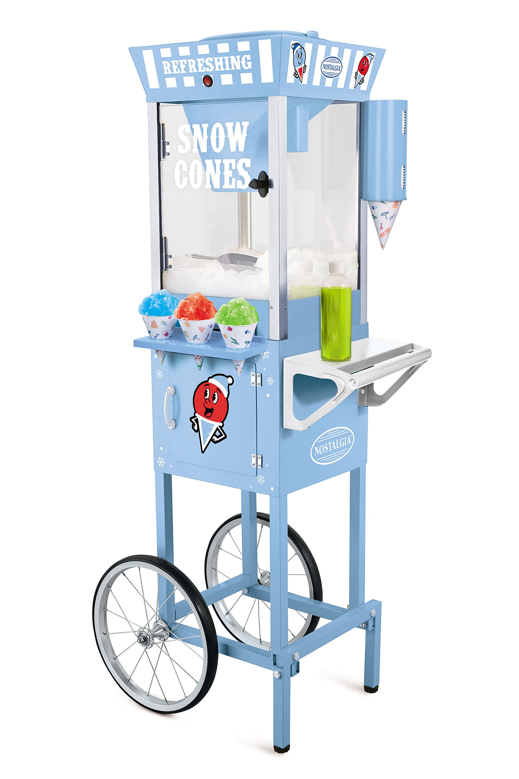 Nostalgia Snow Cone Shaved Ice Machine - Retro Cart Slushie Machine Makes 72 Icy Treats - Includes Metal Scoop, 2 Syrup Bottles, 100 Paper Cups/Spoons, Storage Compartment, Wheels - Blue, 54" Tall
