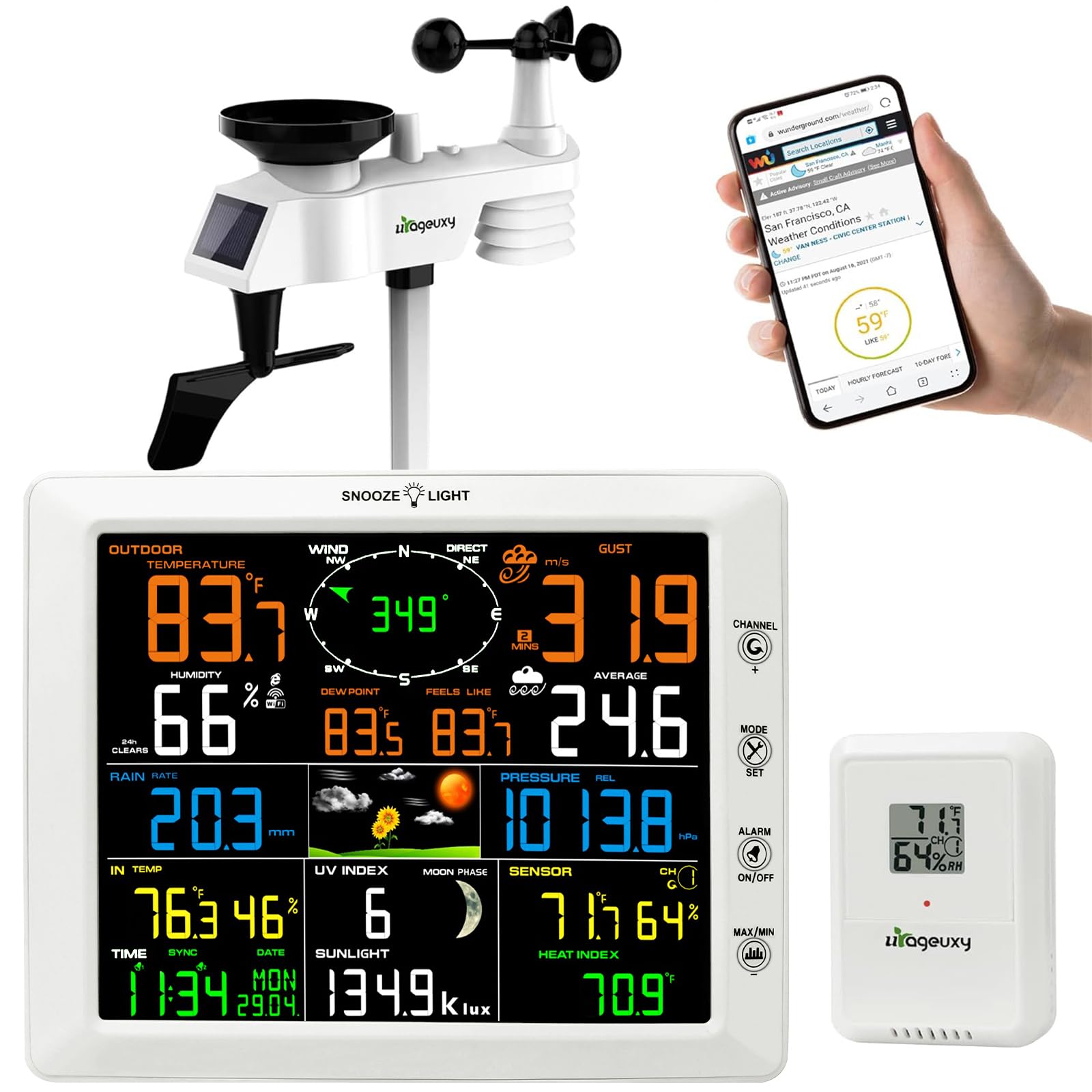 Urageuxy WiFi Weather Station with Color Display, Wireless Indoor/Outdoor Weather Monitor - Rain Gauge, Wind Speed/Direction, Anemometer, UV Index & Outdoor Sensor