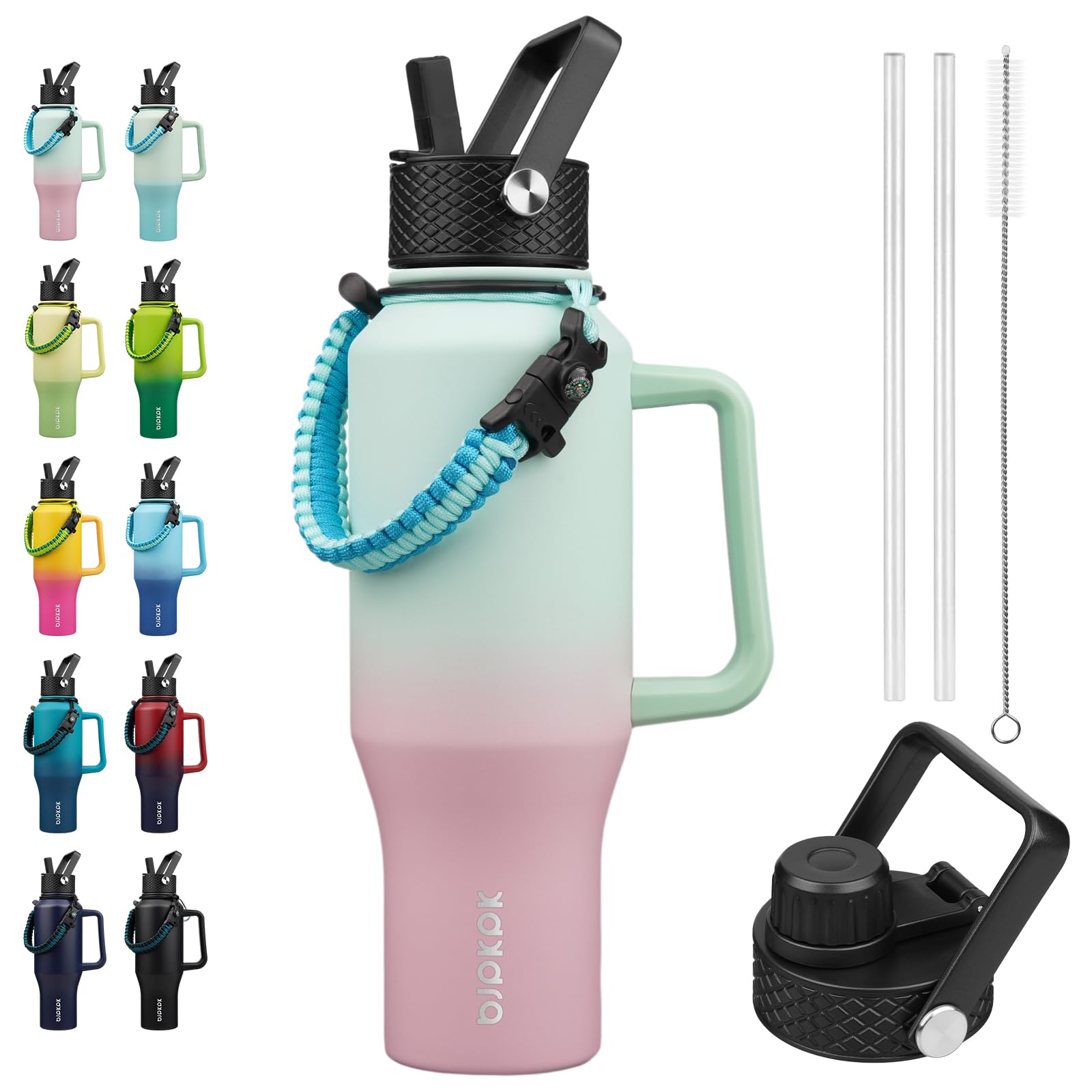 BJPKPK Insulated Water Bottles with Straw Lid, 35oz Metal Water Bottle with 2 lids & Paracord Strap, Double Wall Stainless Steel Tumbler with Handle, Reusable Cups, Mugs, Thermos, Marshmallow