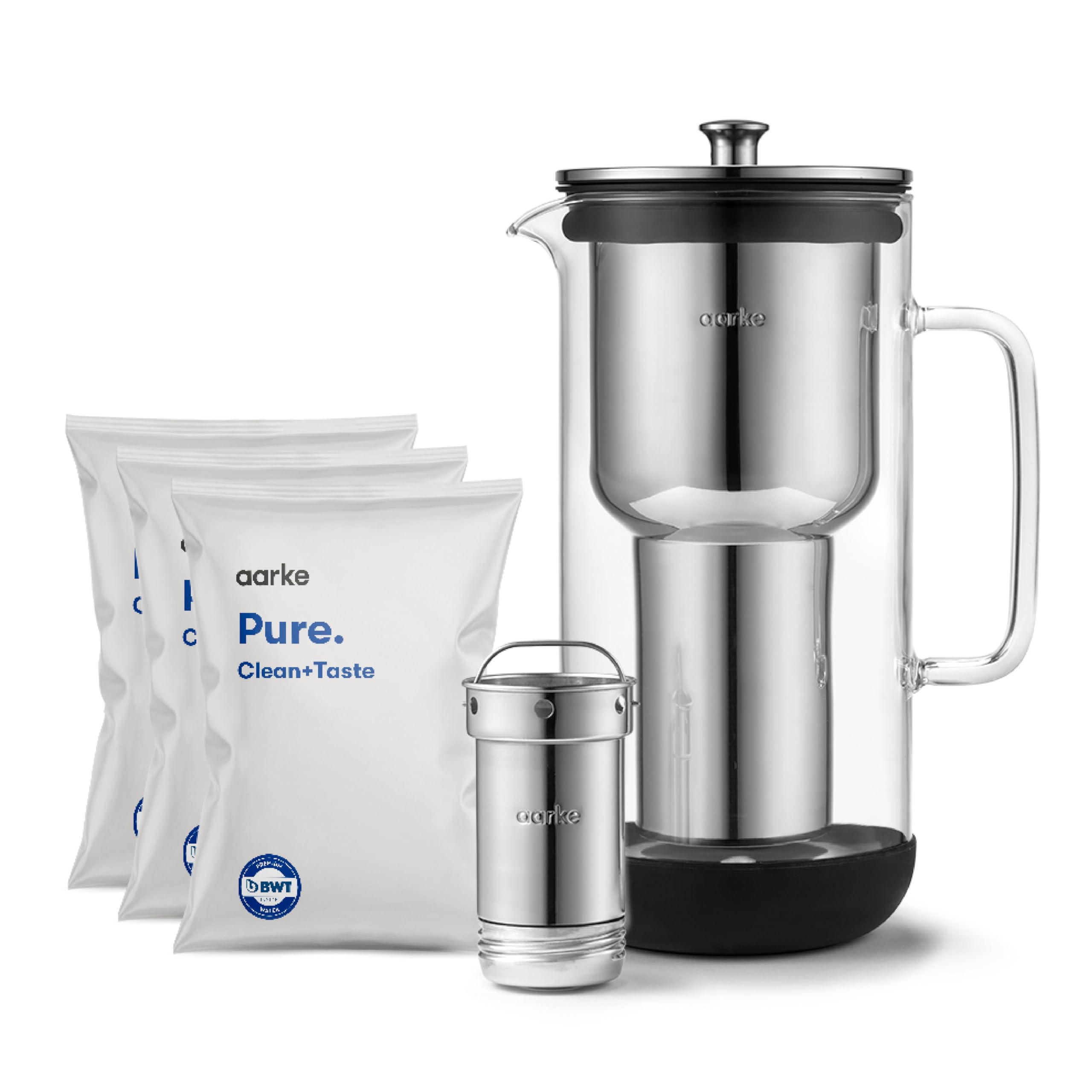 aarke Purifier Regular - 1.18 L Glass Water Filter Pitcher Bundle, Refillable Stainless Steel Filter, BPA-Free, Includes (3-Pack) Refill Pure Granules, Reduce Heavy Metals