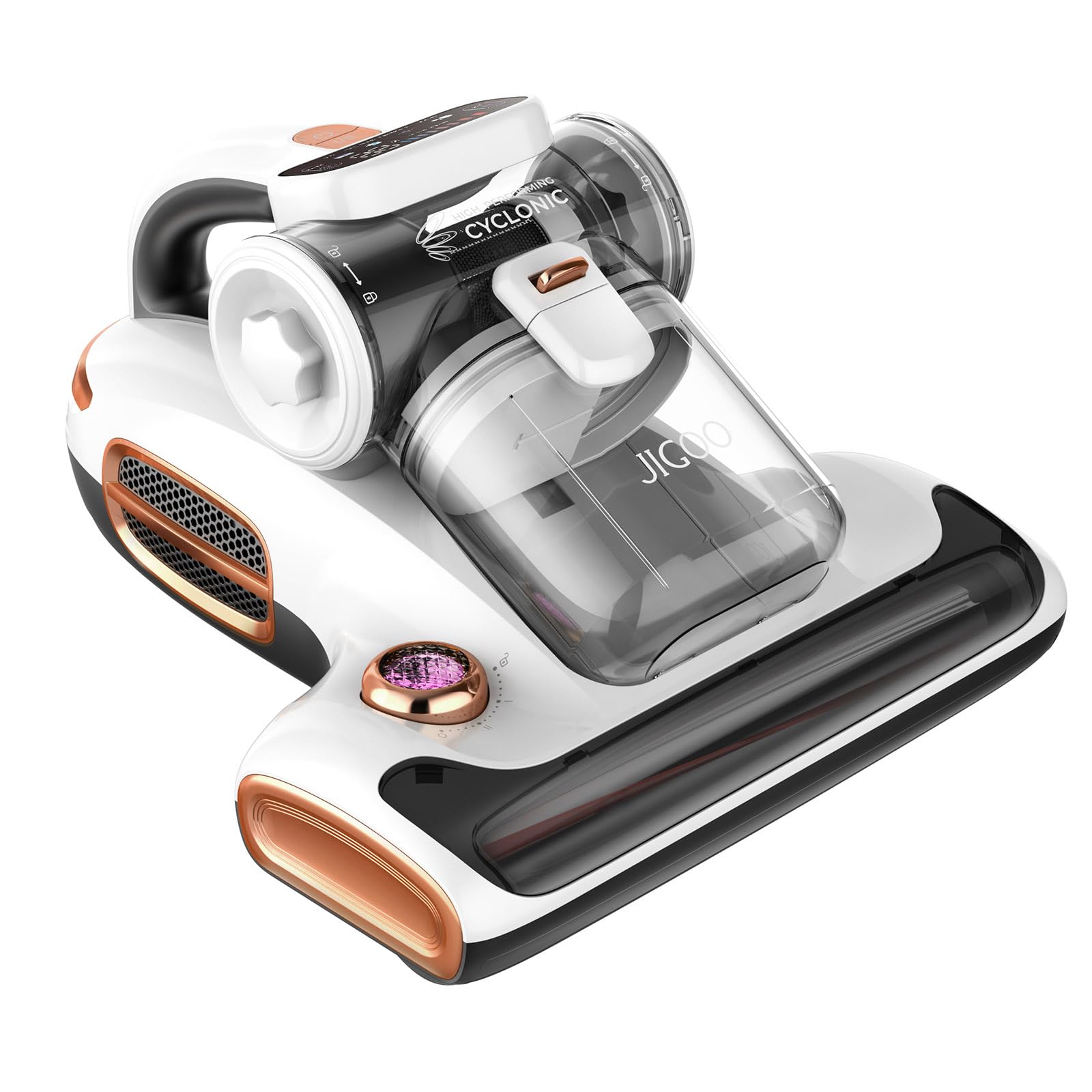 JIGOO Mattress Vacuum Cleaner with UV-C Light, 15Kpa Suction 700W Powerful Double-Cup Handheld Vacuums, Bed Cleaner with Smart Dust Sensor, Ultrasonic, Heating Tech, HEPA Filter, T600, White