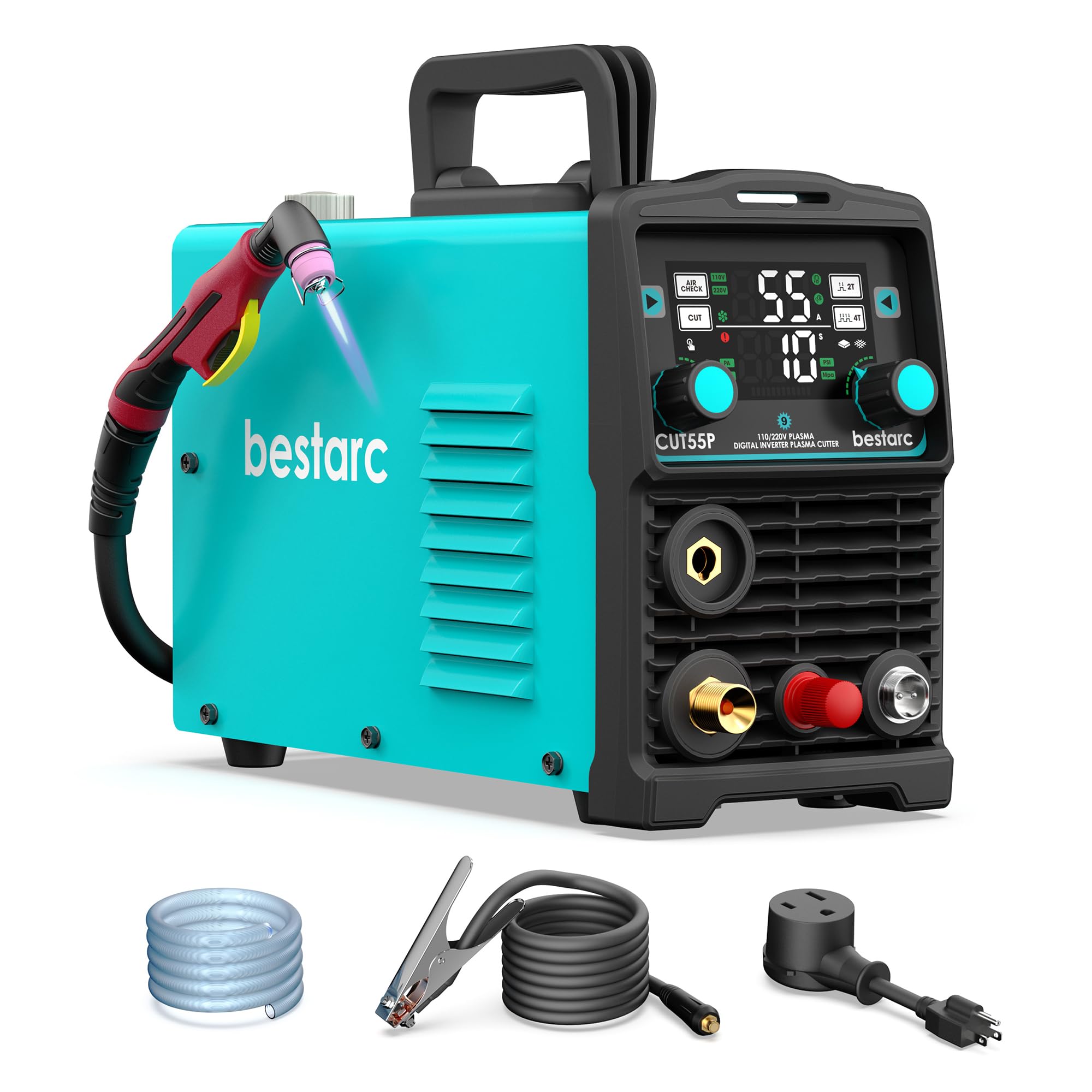 bestarc 55Amps Plasma Cutter, Non Touch Pilot Arc, Large Digital Display Screen, CUT55P 110/220V Dual Voltage, IGBT Inverter Plasma Cutting Machine (CUT55P 110/220V)