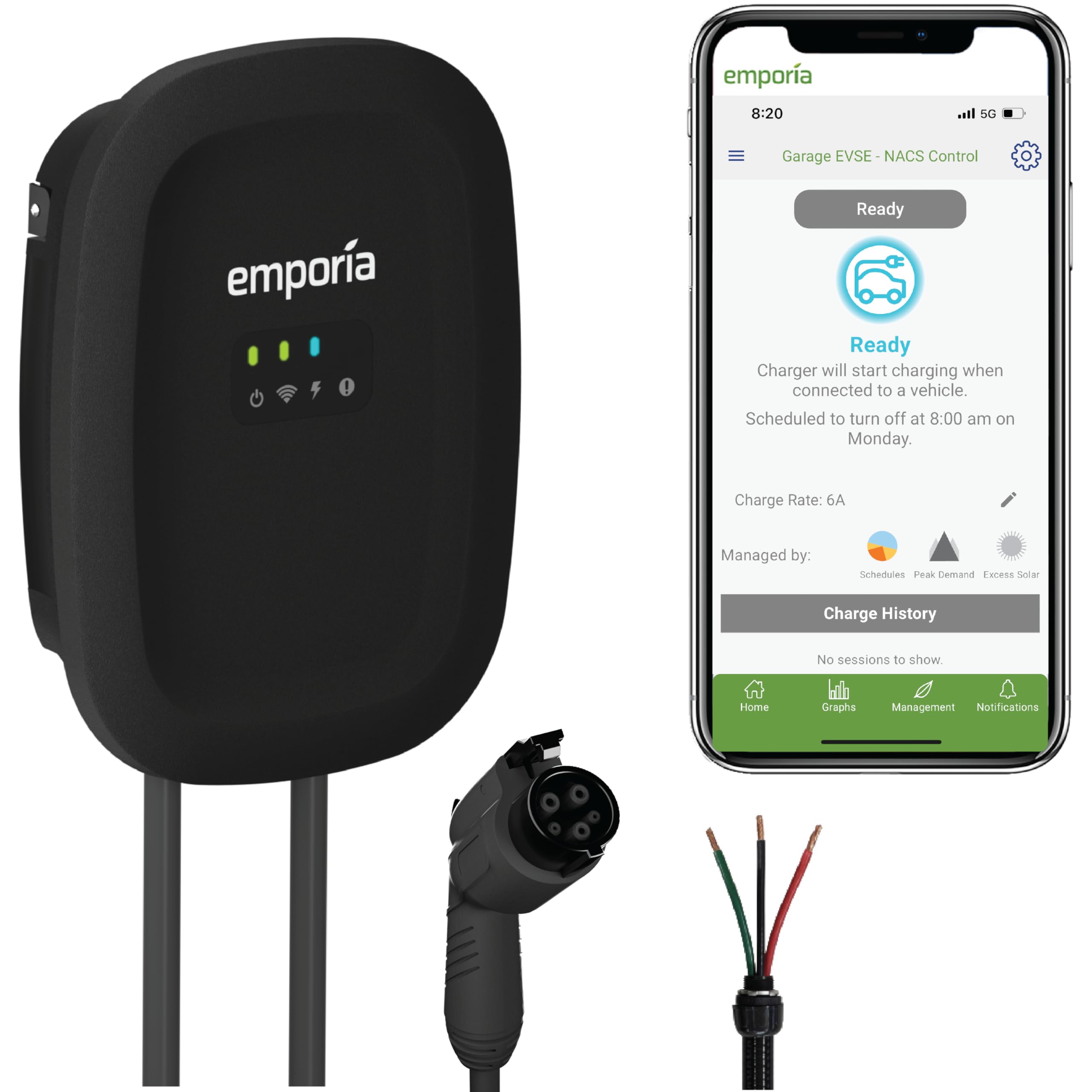 Emporia Level 2 EV Charger w/ J1772 Charger, 48 amp Electric Car Charger, Preconfigured for Hardwired Install with Whip, UL/Energy Star WiFi Enabled EVSE Level 2 Charger, 24ft Cable (Black)