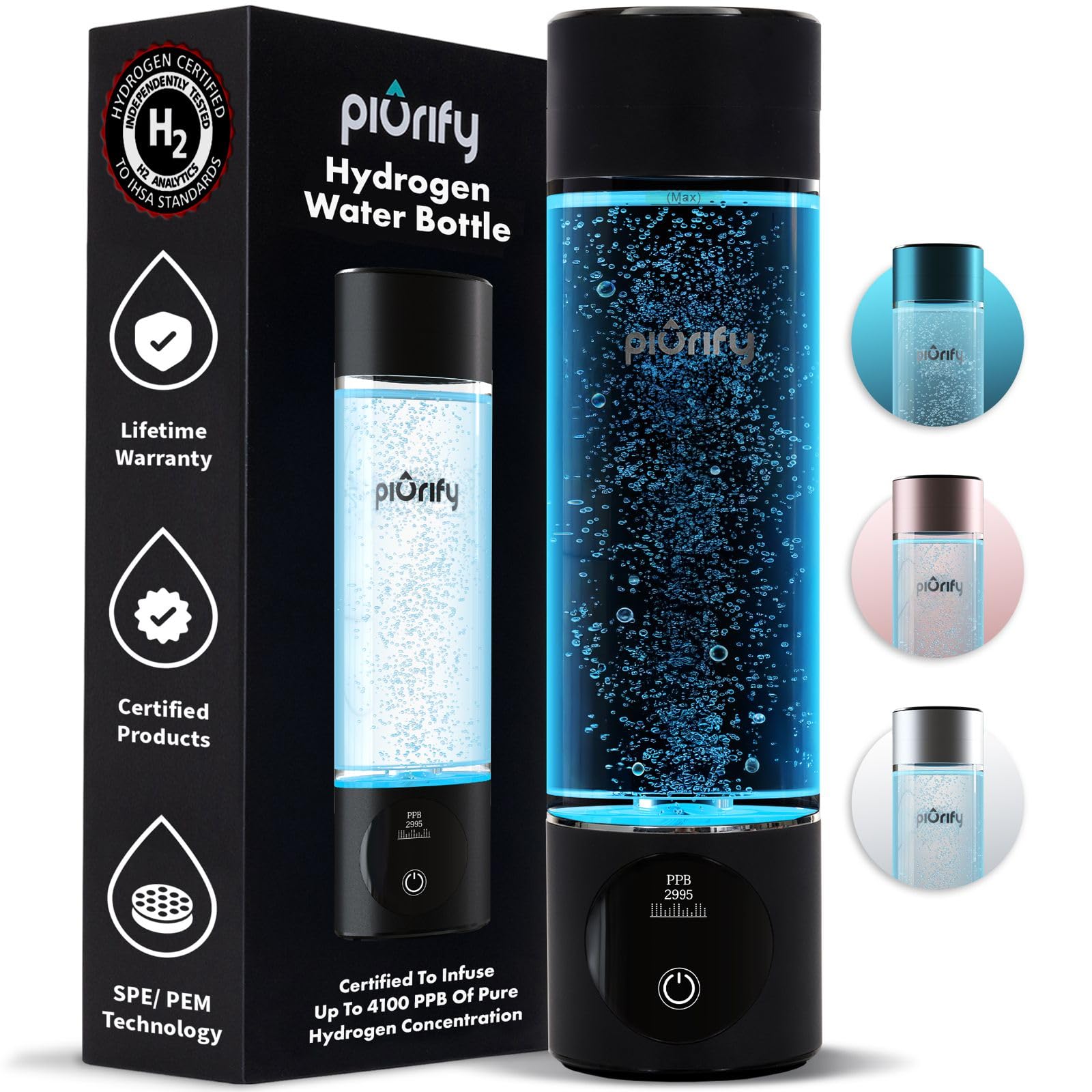 Hydrogen Water Bottle Generator - Up to 4100+ PPB Concentration - SPE/PEM Technology - Certified H2 Generator - Portable Athletic Performance & Hydration System - 6-Hour Hydrogen Retention (Black)