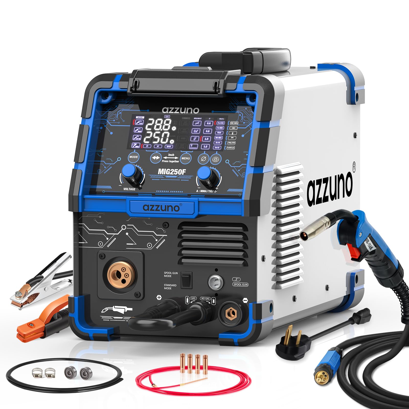 AZZUNO Aluminum 250Amp MIG Welder,6 in 1 Gas MIG/Gasless Flux Core/Stick/Lift TIG/Spot Welding/Spool Gun Compatible Welding Machine 110V/220V Large LED Display Multi Process Welder