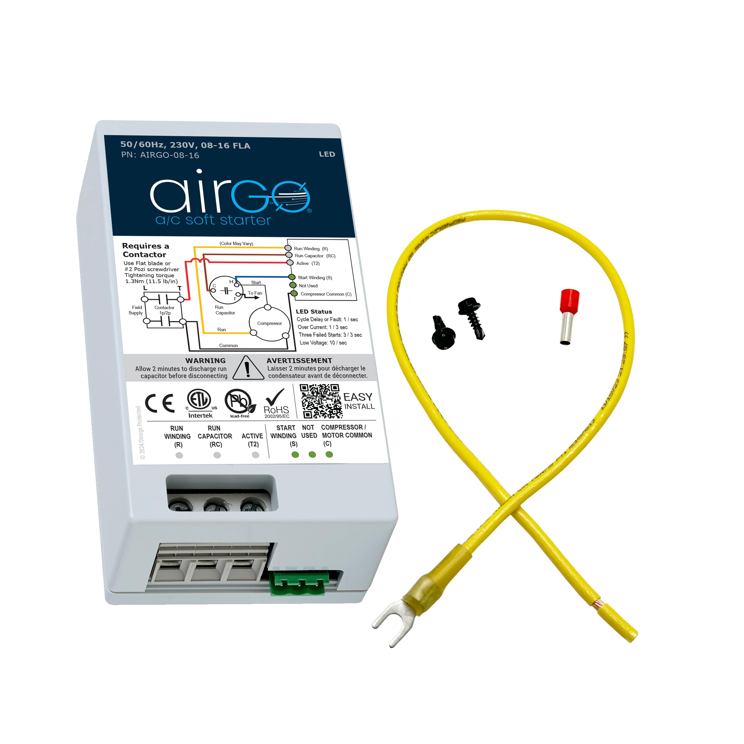 AIRGO AC Soft Starter: Reverse Motor Protection, Easy DIY Install with Wire kit, fits Inside AC, Smallest Soft Start for Utility/Generator Power (AIRGO 8-16A + Install Kit)