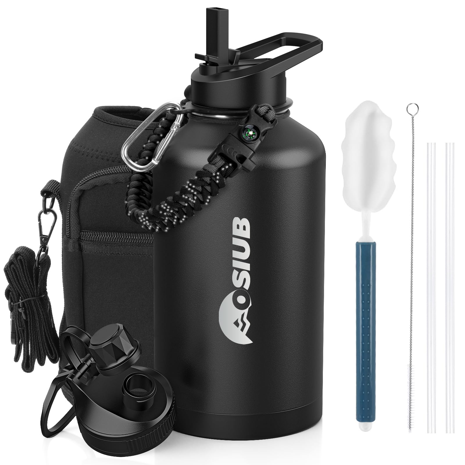 OSIUB Insulated Water Bottle 64 oz, Triple Wall Vacuum Stainless Steel(Cold for 48 Hrs),Leak Proof & BPA-Free,Half Gallon Water Bottle with Reflective Paracord & Flip Straw for Sports & Travel, Black