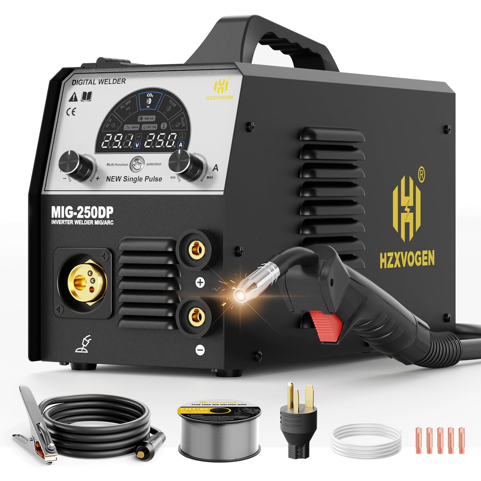 H HZXVOGEN Aluminum MIG Welder, 250A Welder Machine 110V/220V Gas MIG/Flux core MIG/Pulse/Lift TIG/Stick, 5 IN 1 Multiprocess Aluminum Welder Machine With LED Display