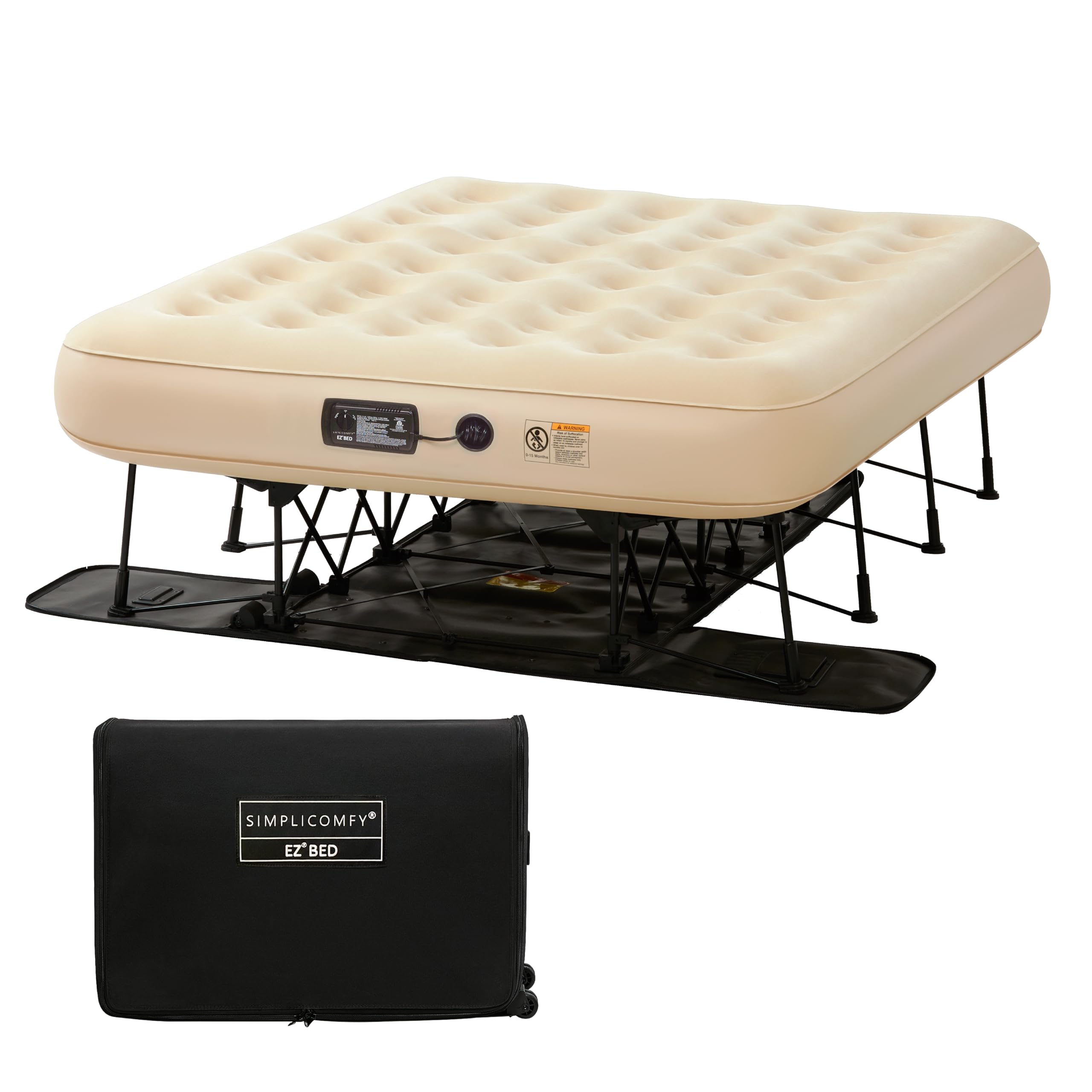 Simpli Comfy Queen EZ Bed Self-Inflating Air Mattress with Built-in Frame, Pump and Wheeled Case, Blow Up Inflatable Rolling Air Bed on Wheels (02.Queen)