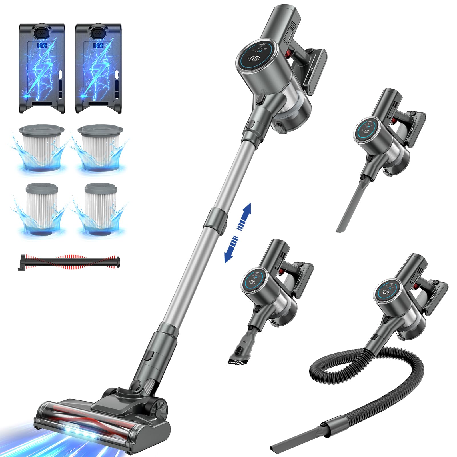 Cordless Vacuum Cleaner, 2 Batteries 100 Mins Runtime Vacuum Cleaners for Home, 350W 35KPA Stick Vacuum with LED Display Brushless Motor, Vacuum Cleaner for Carpet & Hard Floor Pet Hair