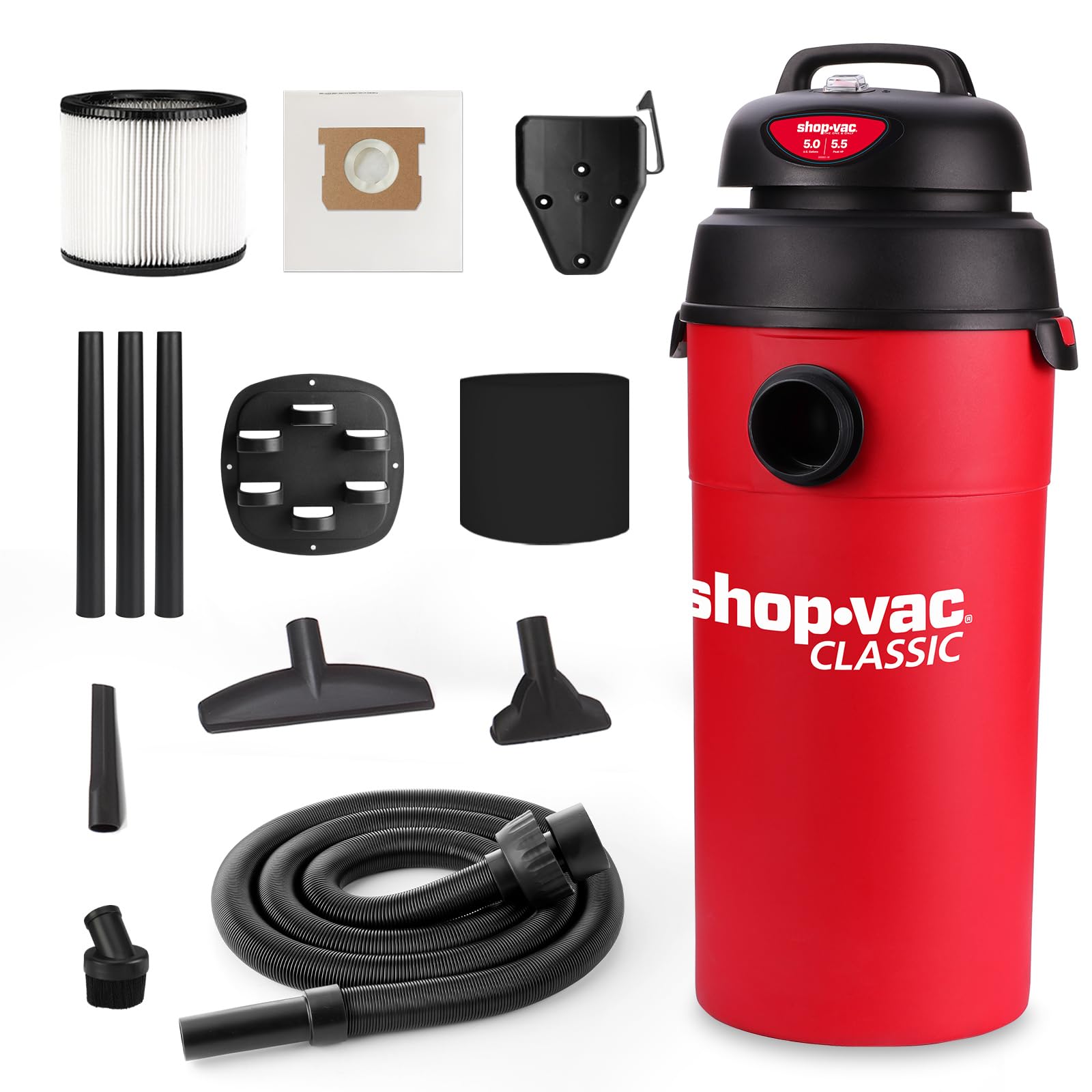 Shop-Vac 5 Gallon 5.5 Peak HP Wet/Dry Vacuum, Wall Mountable Compact Shop Vacuum with 6-23' Extra Long Hose & Attachments, Ideal for Jobsite, Garage, Car & Workshop. 9522236