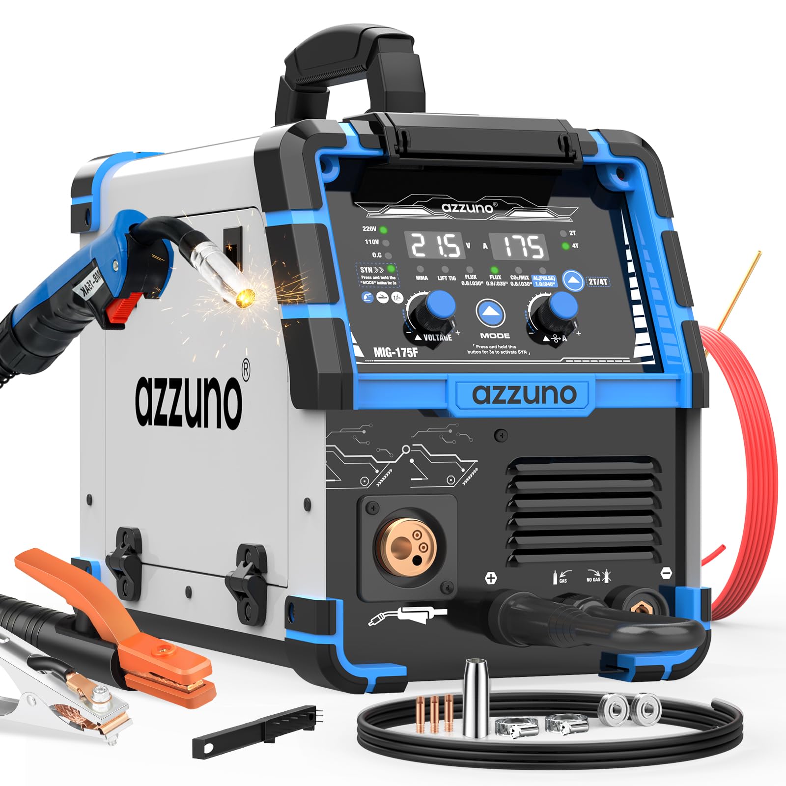 AZZUNO Single PULSE Aluminum MIG Welder Machine 175Amp, 110V 220V 5-in-1 Multiprocess Welding Machine with PULSE Aluminum MIG/Flux MIG/Gas MIG/Stick/Lift TIG Welding, Wire Feed Welder
