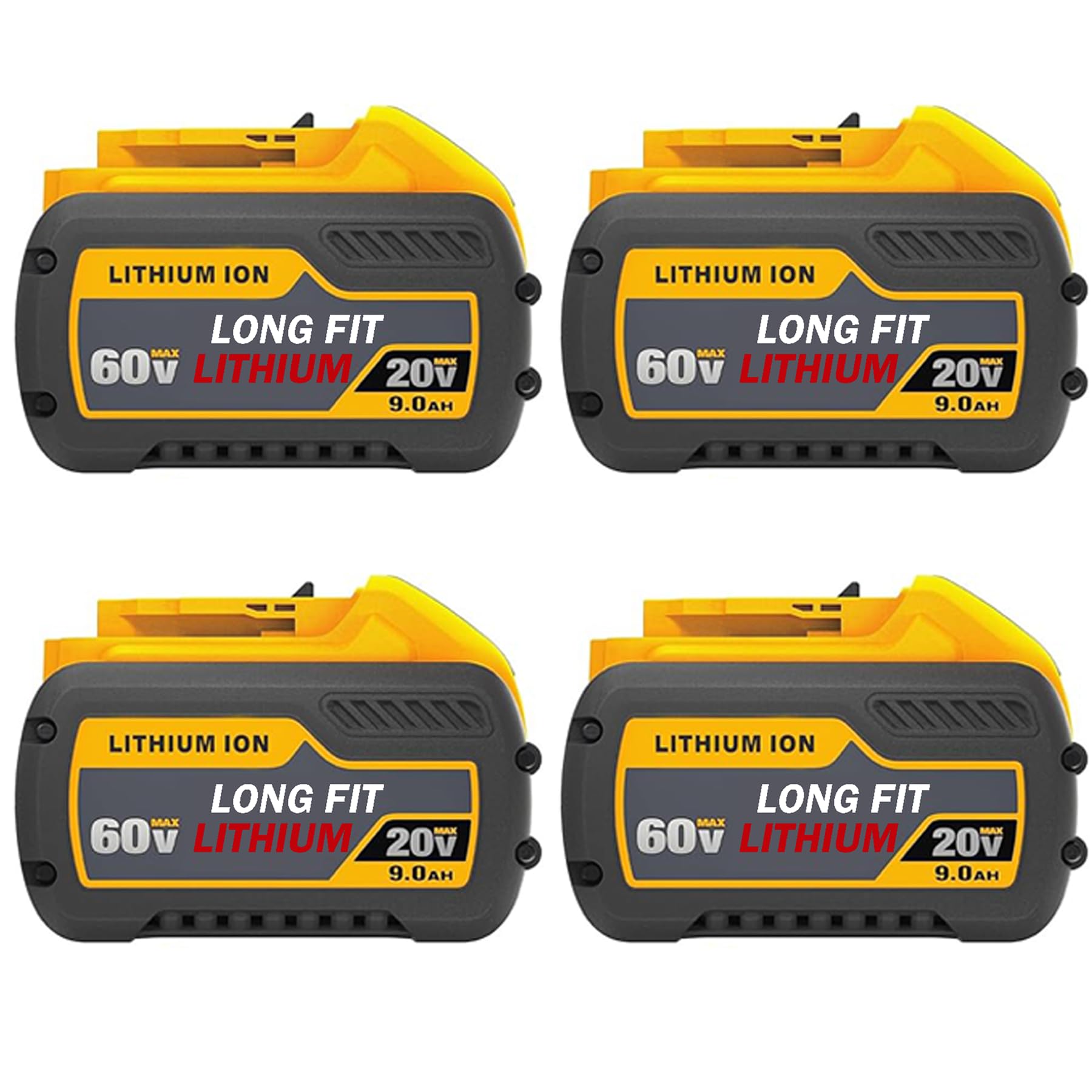 LONG FIT 4 Pack 9.0Ah Battery Replace for Dewalt 20V/60V 9.0AH Battery DCB606 DCB609 DCB612 Compatible with DeWalt 20V/60V Power Tools, Compatible with Dewalt Chargers