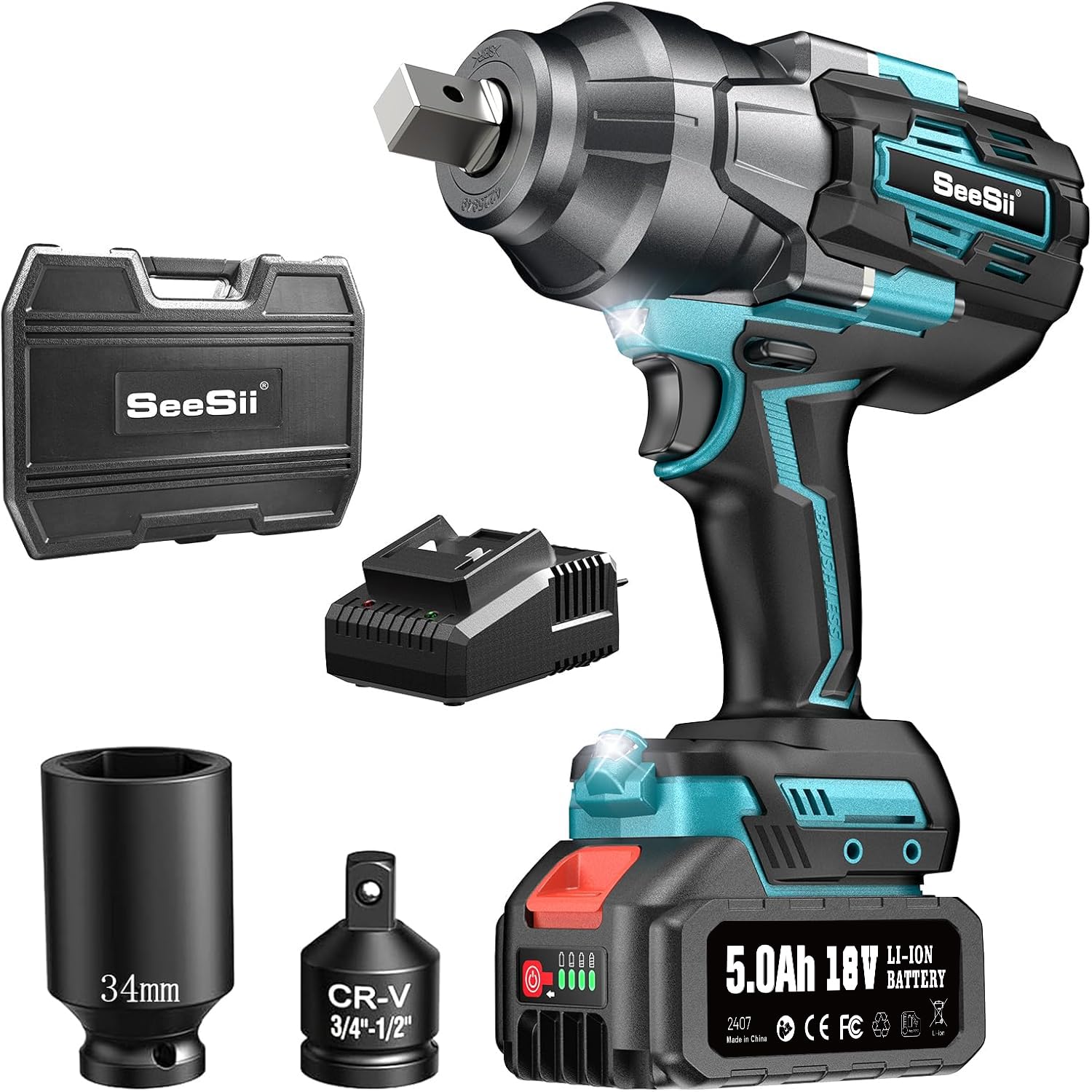 Seesii Cordless Impact Wrench, 1180Ft-lbs(1600N.m) High Torque Impact Gun 3/4", Brushless Impact Wrench w/ 5.0Ah Battery & Fast Charger, Electric Impact Wrench for Truck, Heavy-duty Project, WH1000