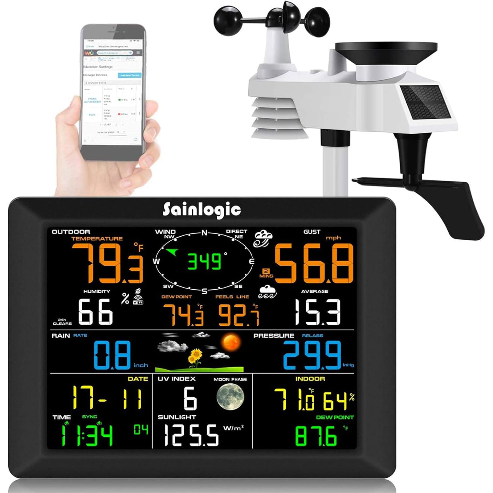 Sainlogic WiFi Weather Station, 8.3 inch Large Display Wireless Indoor Weather Stations with Rain Gauge and Wind Gauge,Weather Forecast,Wunderground