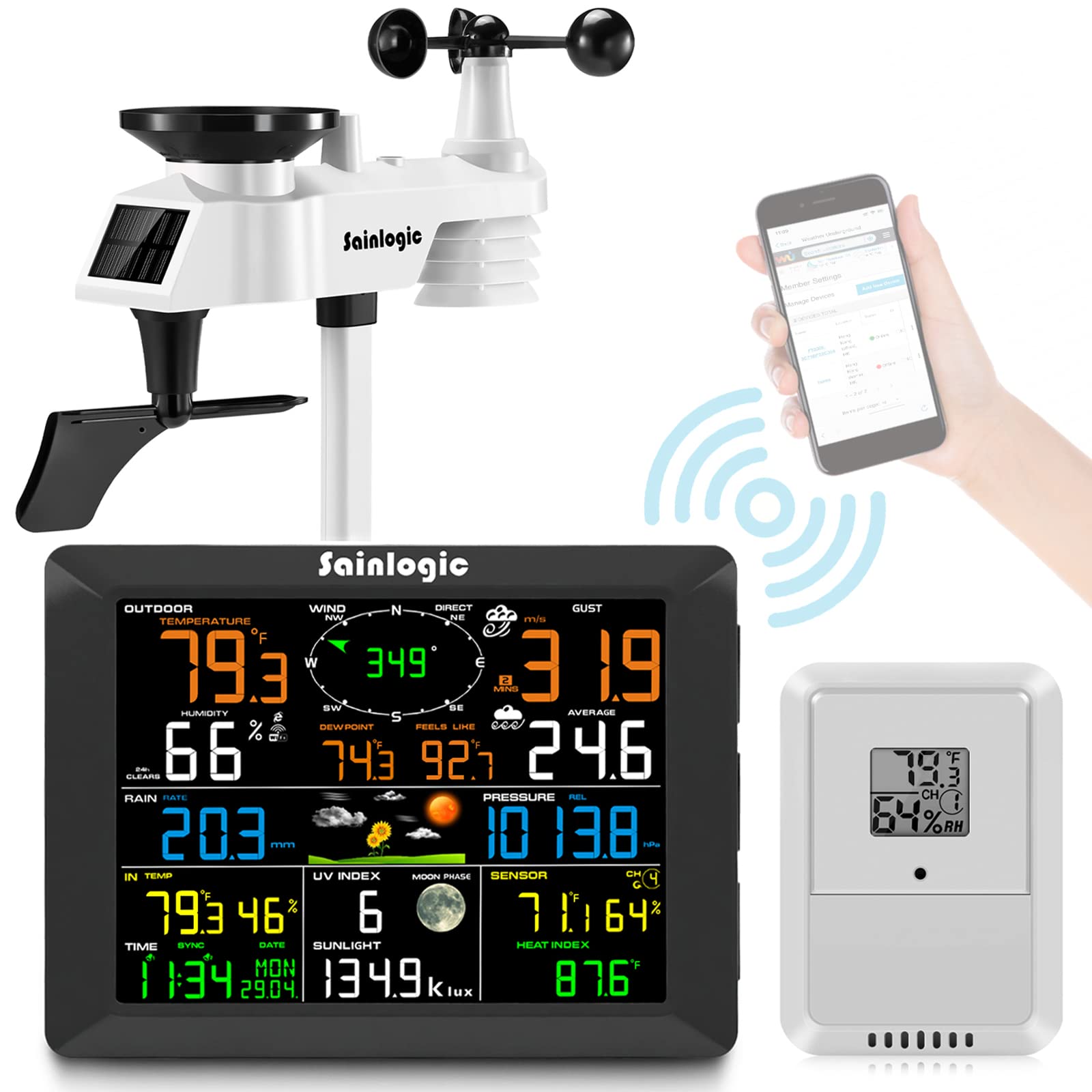 Sainlogic 8.3 Inch Color Display WLAN Weather Stations Wireless Indoor Outdoor with 7-in-1 Rain Gauge and Wind Speed Sensor, Internet Wireless Weather Station Remote Monitoring System