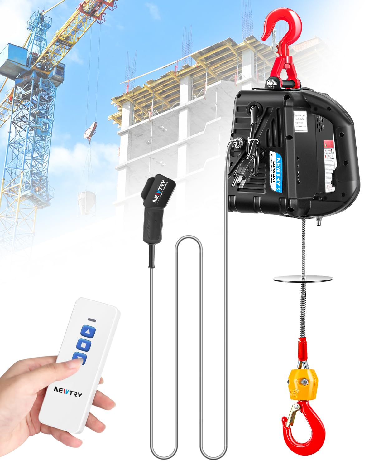 NEWTRY 3 in 1 Electric Hoist Winch 440lb, 16ft/min Manual|Cable| Control, 62ft Portable Power Electric Lift with Sling Strap for Lifting Small Engines, Bicycles, Groceries