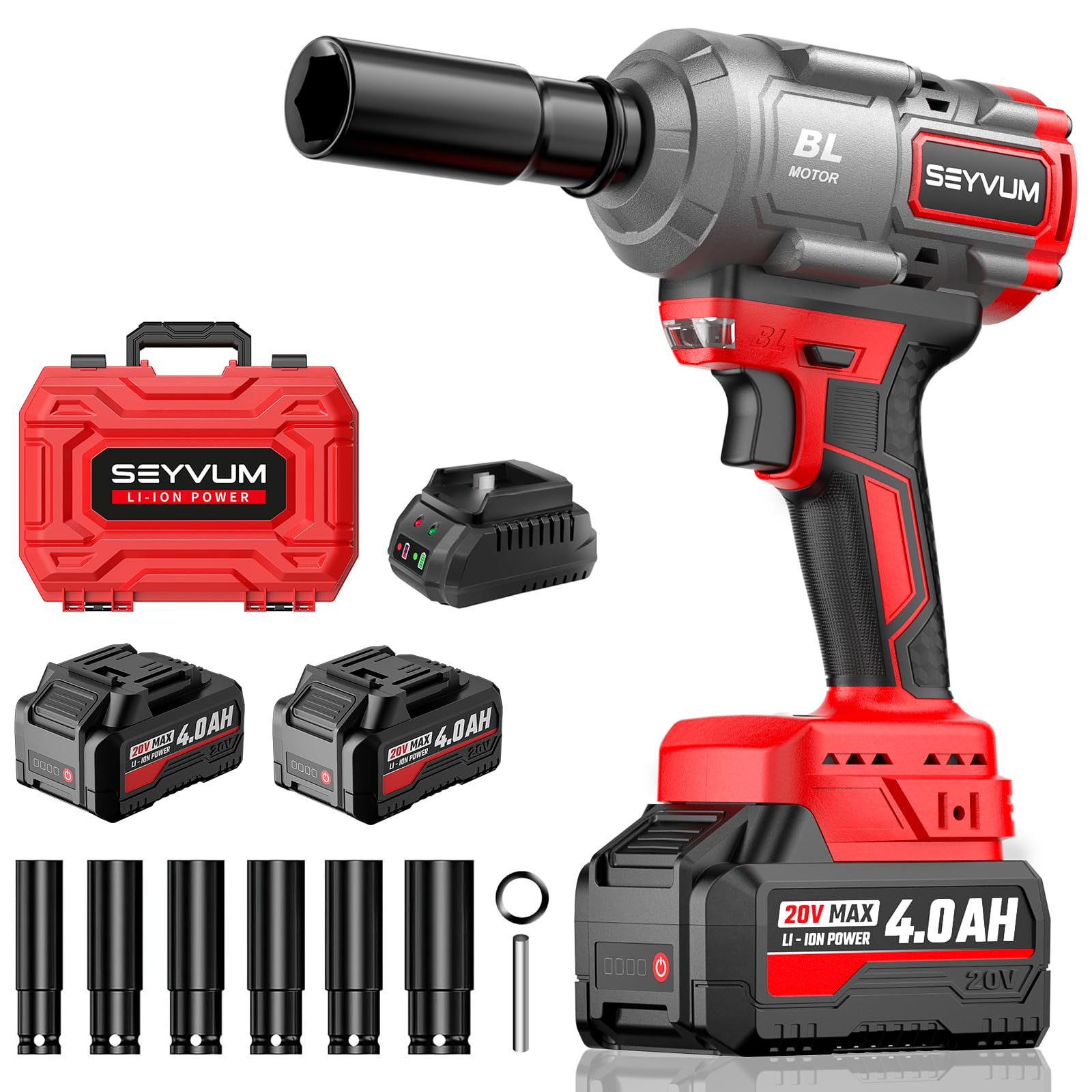 SEYVUM Cordless Impact Wrench, 1/2” Max Torque 600 Ft-lbs / 800 N.m Powerful Impact Gun, 20V 3500RPM Electric Impact Driver, 2 x 4.0Ah Battery & Fast Charger, 6 Impact Sockets, Carrying Case Included