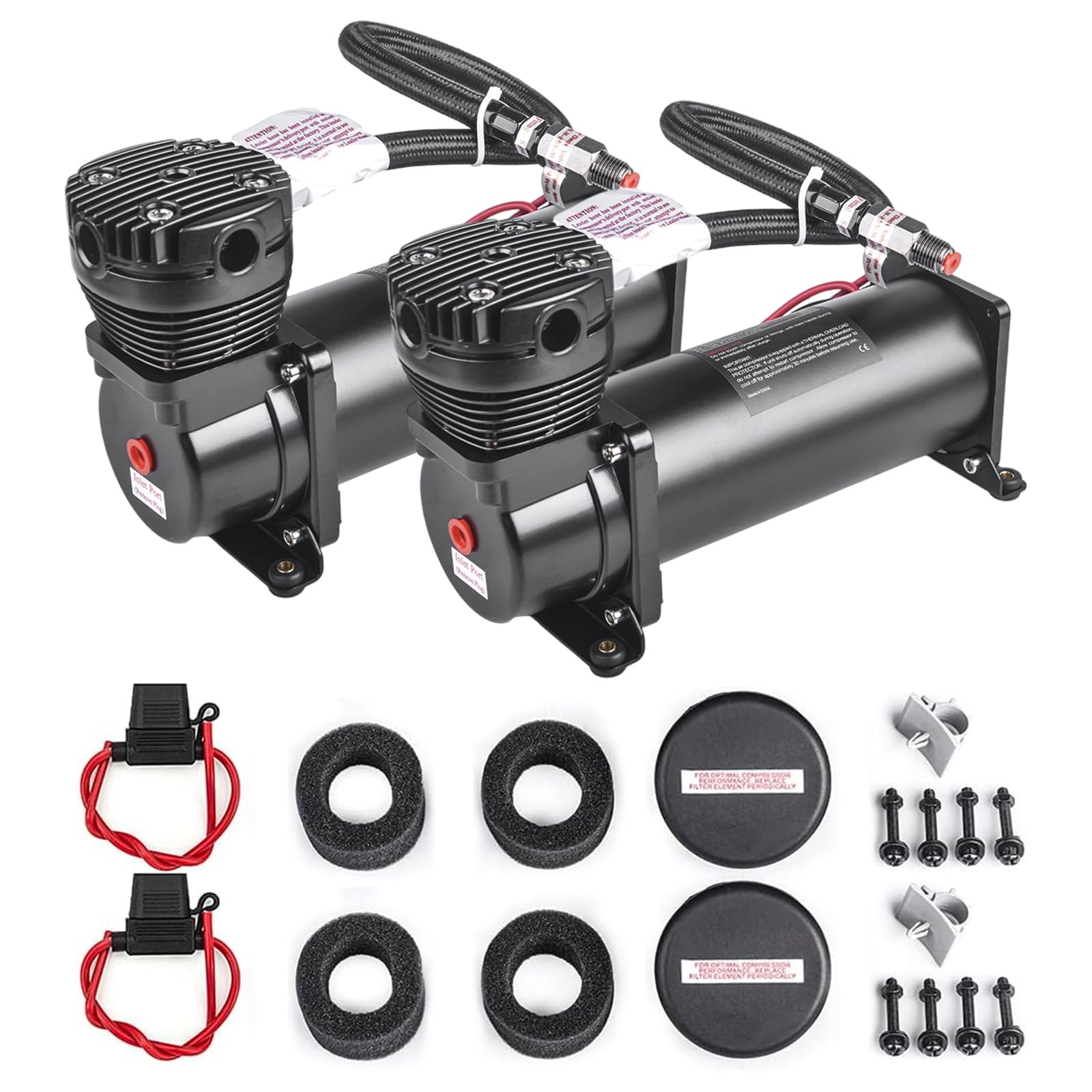 ZHSYMX Heavy Duty 200 PSI Air horn Compressor Dual Value Pack, 1/4 NPT Train Horn/Air Ride Compressor, Fittings for 12V Train/Truck/Car BLACK