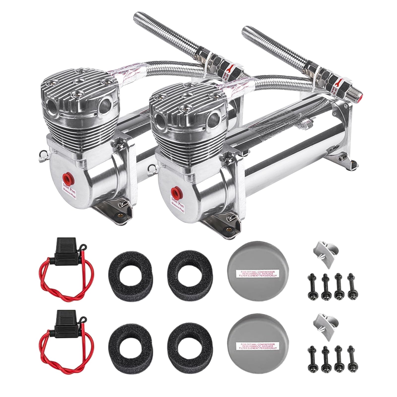 ZHSYMX Heavy Duty 200 PSI Air horn Compressor Dual Value Pack, 3/8 NPT Train Horn/Air Ride Compressor, Fittings for 12V Train/Truck/Car,Air Suspension horn Compressor SILVER