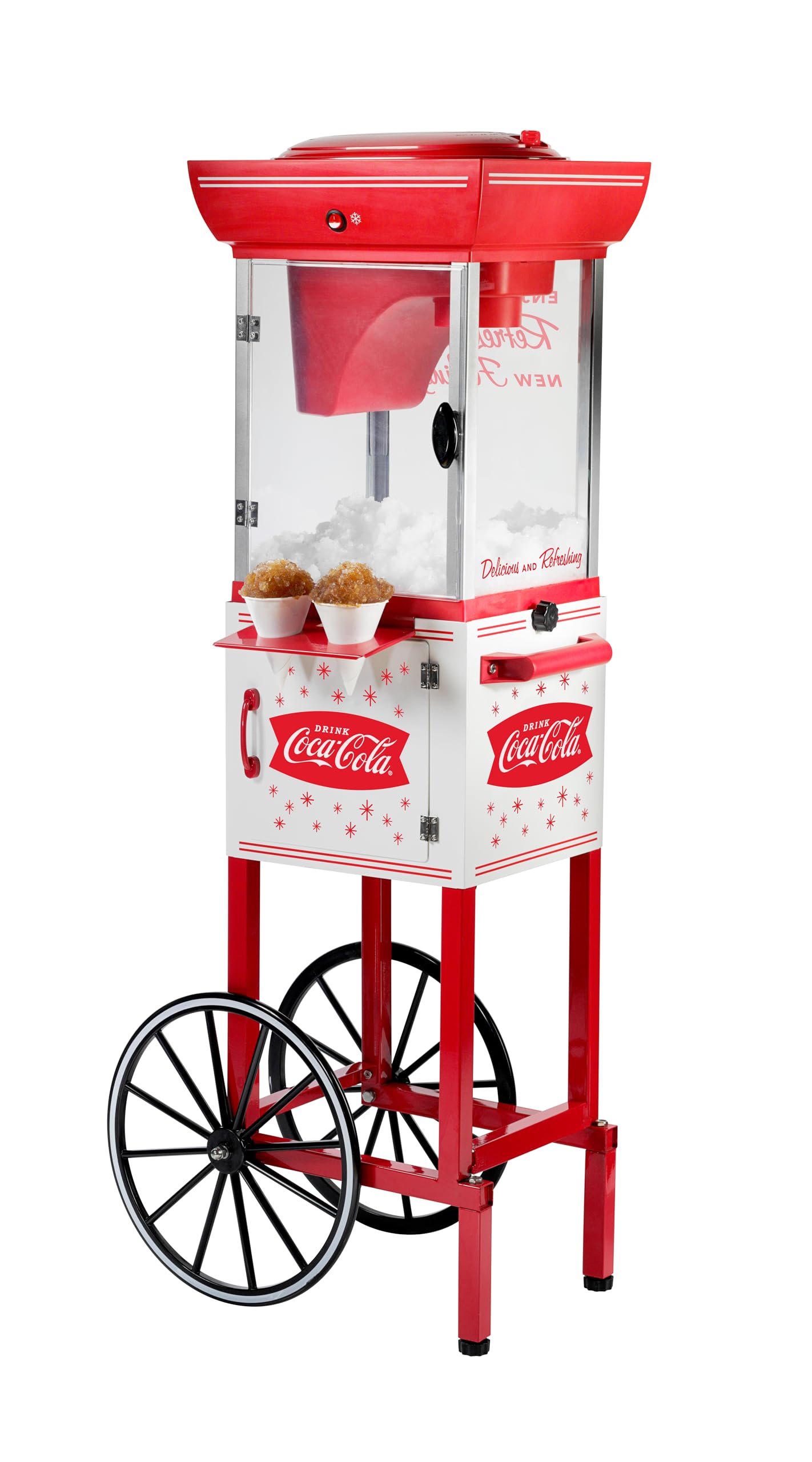 Nostalgia 8-Inch Tall Snow Cone Cart, Makes 48 ICY Treats, Includes Metal Scoop, Storage Compartment, Wheels for Easy Mobility, Coke