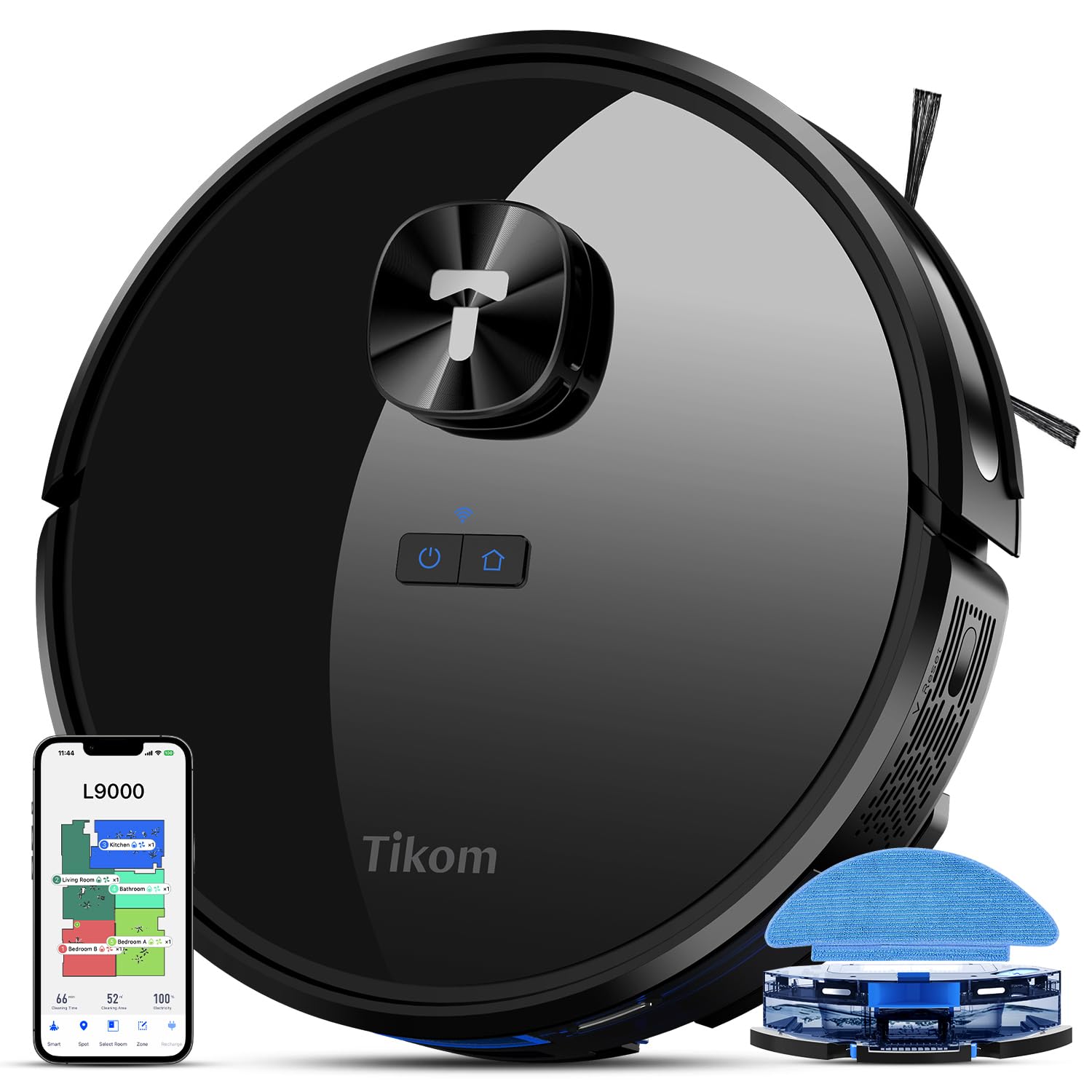 Tikom Robot Vacuum and Mop Combo with LiDAR Navigation, L9000 Robotic Vacuum Cleaner with 4000Pa Suction,150Min Max, 14 No-Go Zones, Smart Mapping, Good for Pet Hair, Carpet, Hard Floor(Dark Black)