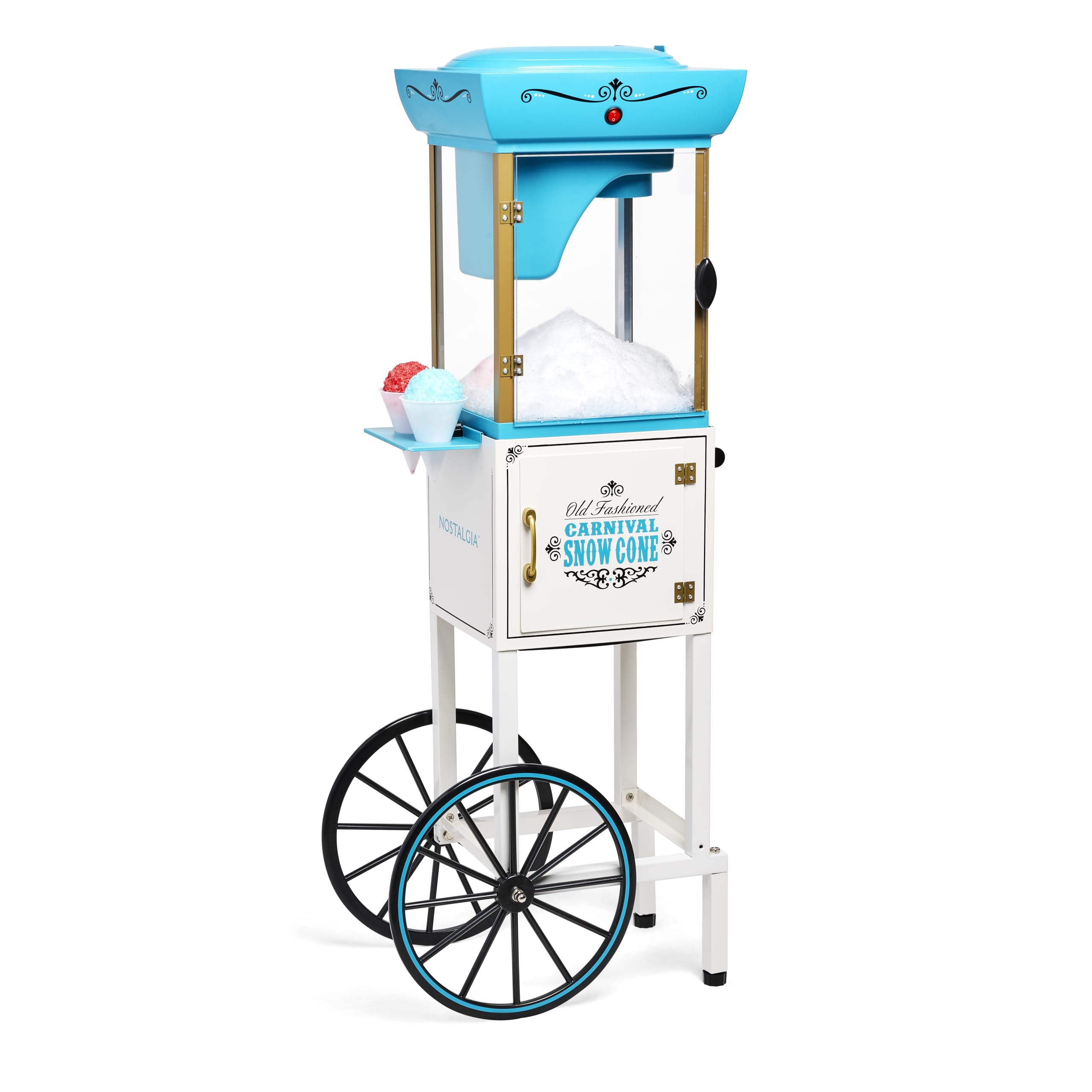 Nostalgia Snow Cone Shaved Ice Machine - Retro Cart Slushie Machine Makes 48 Icy Treats - Includes Metal Scoop, Storage Compartment, Wheels for Easy Mobility - White, Blue