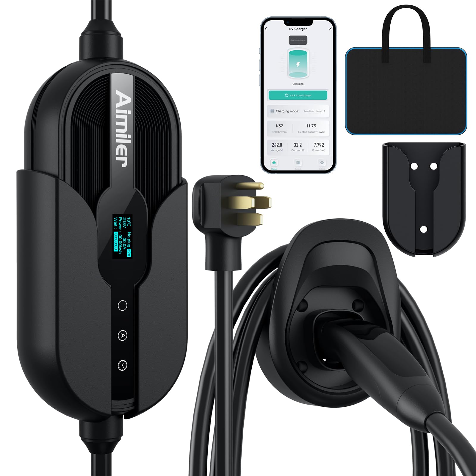 AIMILER Level 2 Electric Car(EV) Charger(WiFi APP) for Tesla Model X/Y/3/S/Cybertruck, 240V, 32 Amp, NEMA 14-50 Plug, 25ft ETL Listed Tesla Mobile Wall Charger, Portable/Home NACS Connector Stations
