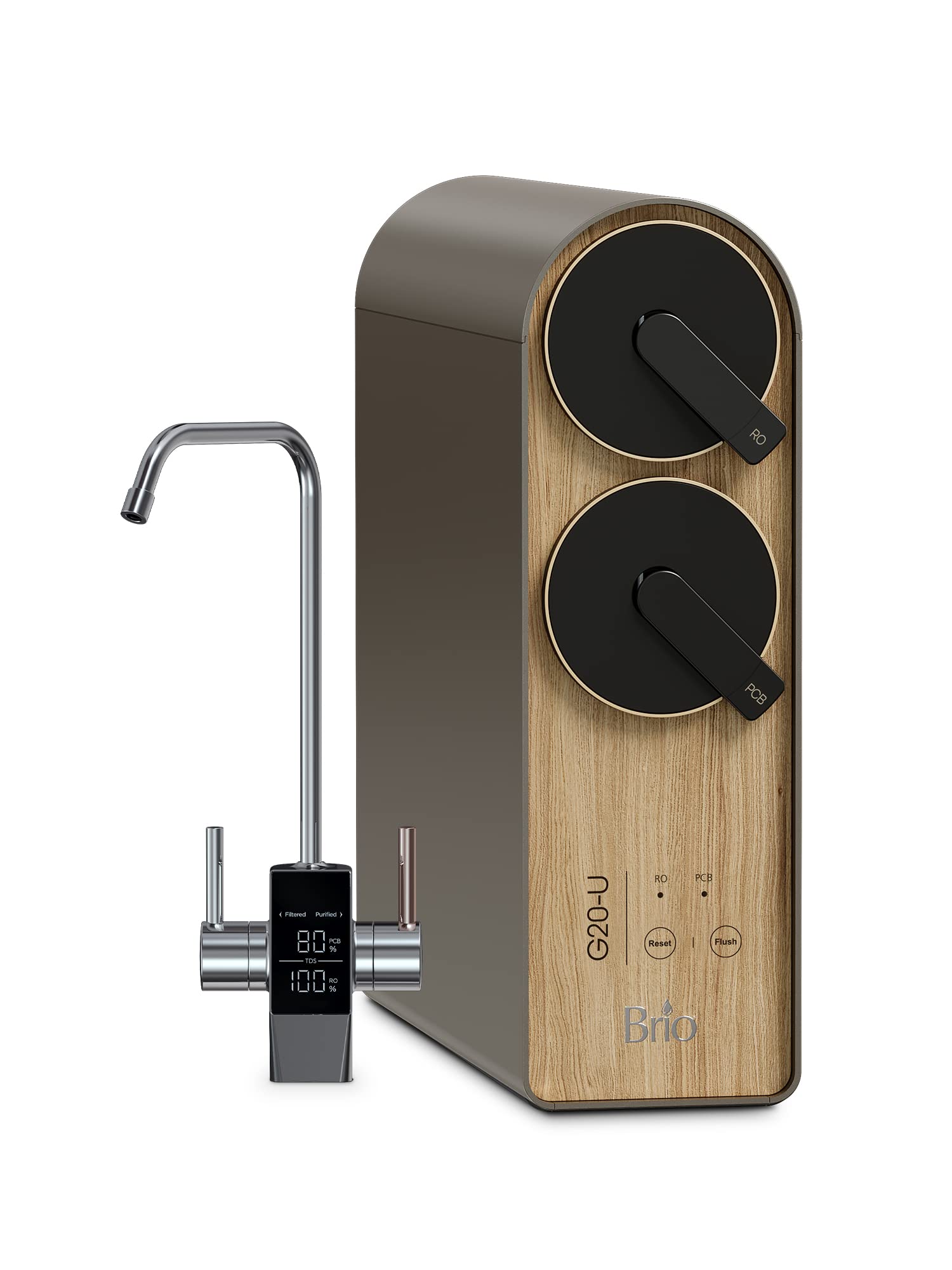 Brio G20-U Reverse Osmosis Water Filtration System, Smart Display Faucet, 700 GPD, 2:1 Pure to Waste, TDS Reduction, Composite & RO Filters, Brown