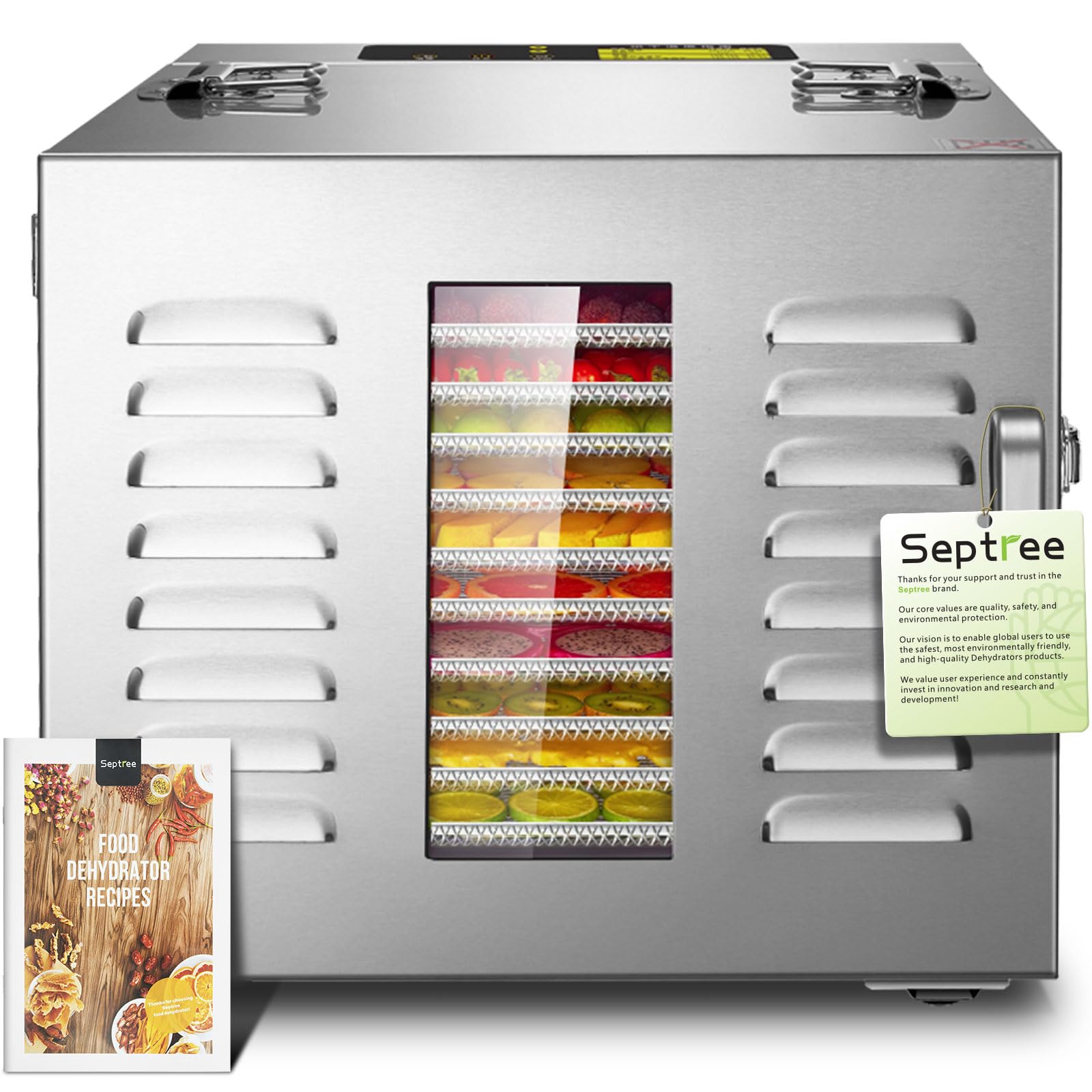 Septree Commercial 10 Trays Food Dehydrator machine, Usable Area up to 17ft² and 190℉ Temperature, 1000W Detachable Full Stainless Steel Dryer,for Meat, Fruit, Beef, Herbs, Pet Food,freeze dryer
