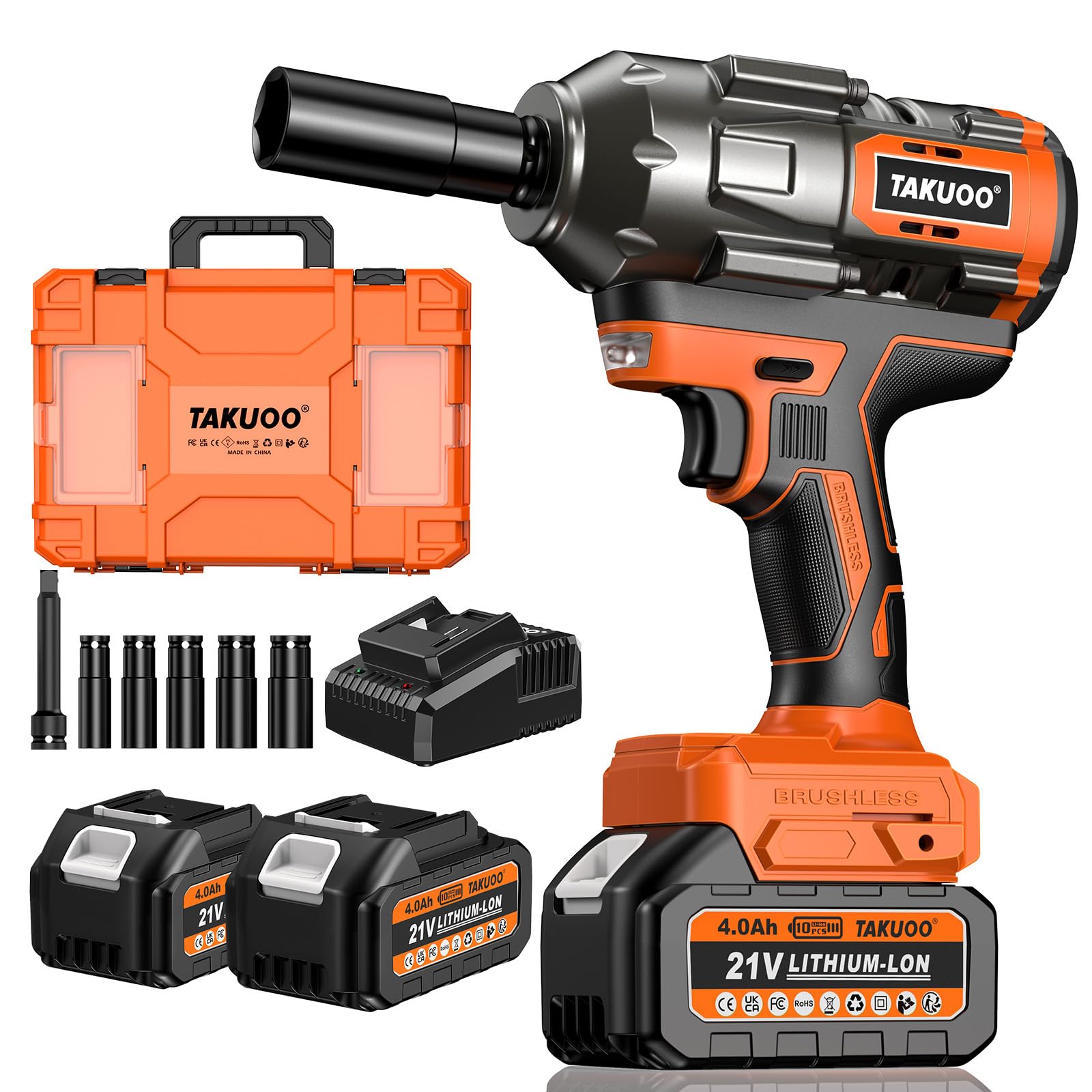 Takuoo 1300N.m(960Ft-lbs) Cordless Impact Wrench High Torque, 1/2" 21V Brushless Impact Gun w/2x 4.0AH Battery Fast Charger, Electric Power Impact Wrench for Truck RV Heavy-duty, 5 Sockets, Tool Box