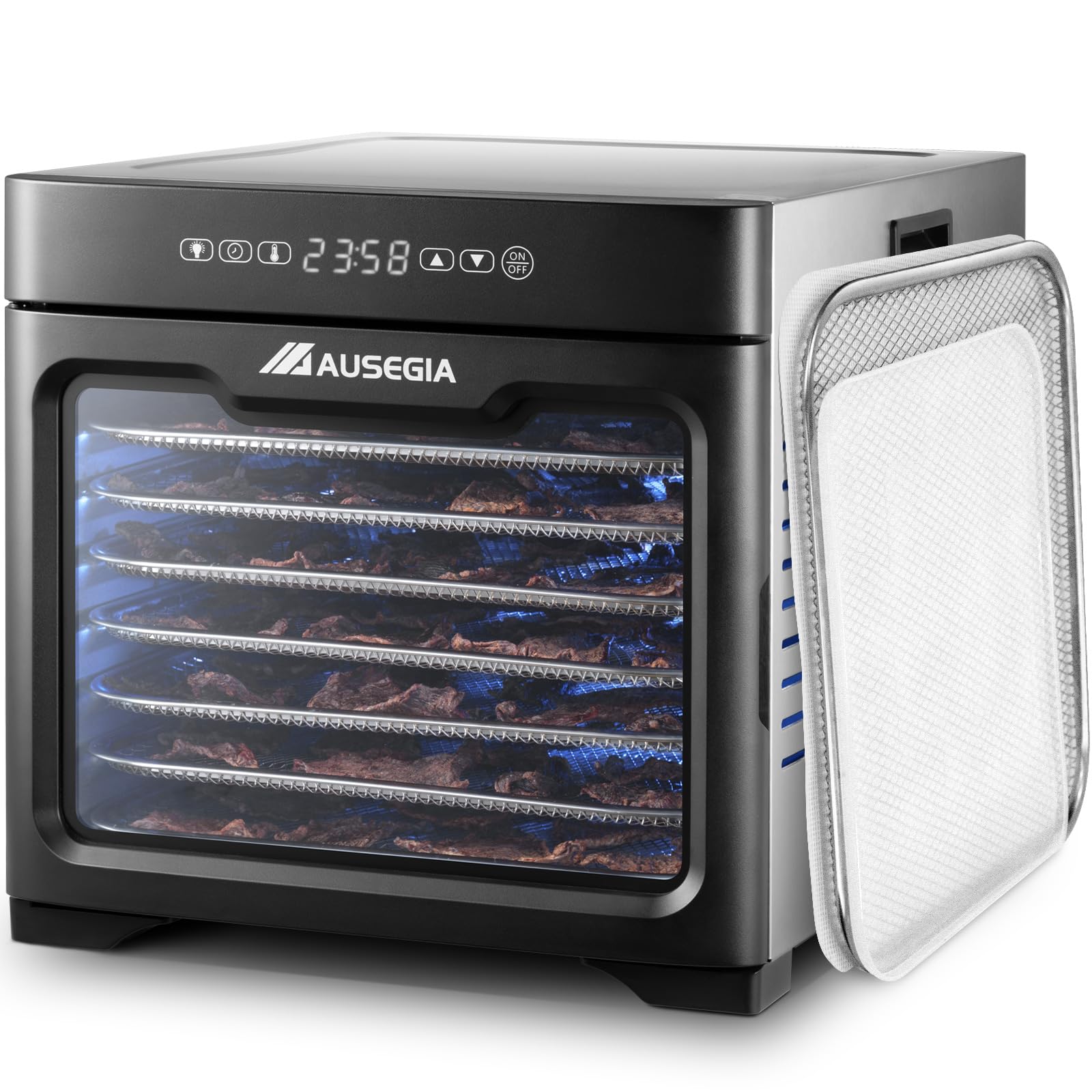 Ausegia Food Dehydrator With 8.8" Drying Space, Bigger Than 9 Trays Dehydrators,800W Power Saves More Time Than 600W, 190°F Dehydrated Dryer for Jerky, Dog Treats, Herbs, Meat, Fruit, Vegatables