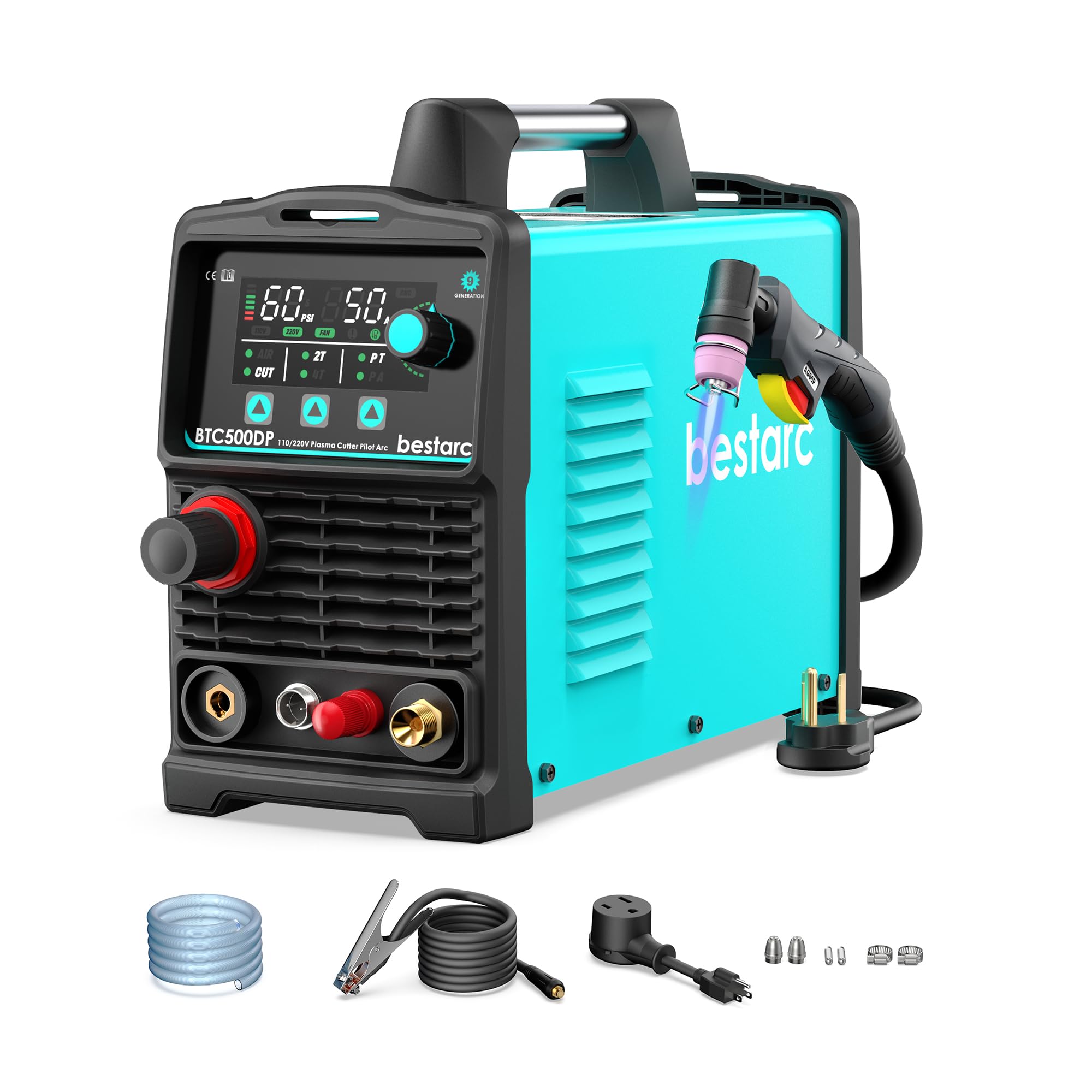 bestarc Plasma Cutter, Pilot Arc [Air Sensor Technology] 110/220V BTC500DP 9th Generation 50Amps Screen Display, Digital Plasma Cutting Machine (BTC500DP 9GEN 110/220V)