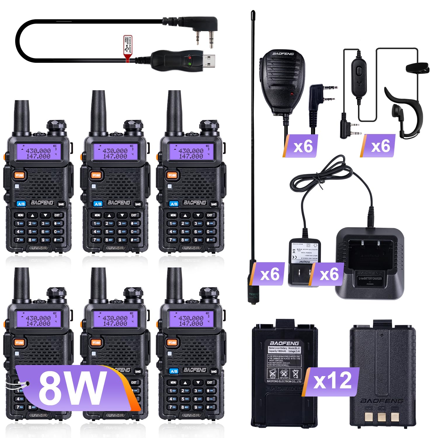 BaoFeng Radio UV-5R 8W Ham Radio (6 Pack) 144-148Mhz/420-450Mhz + 1pcs TIDRADIO Driver Free Programming Cable + 12pcs 1800mAh Batteries BaoFeng Walkie Talkie