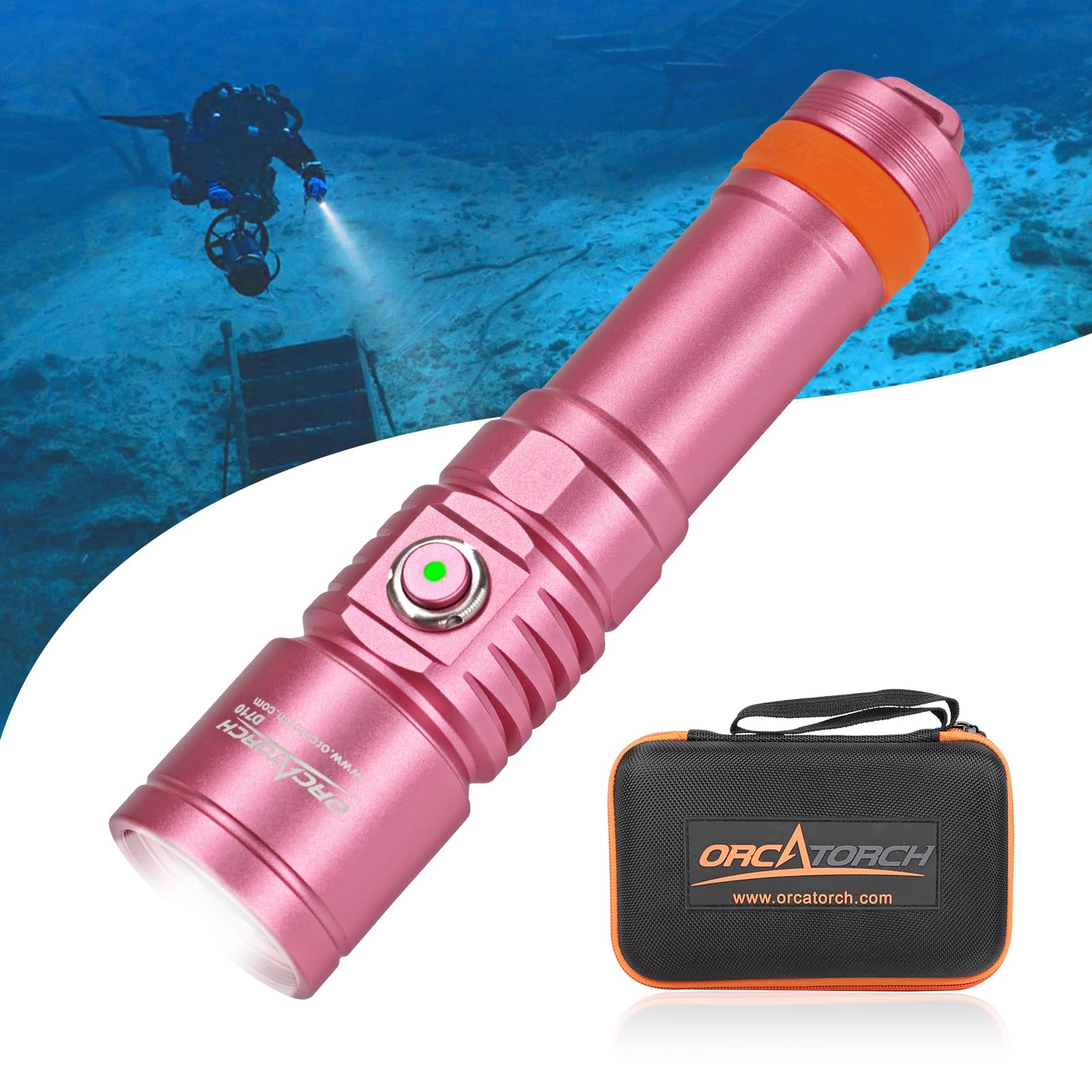 ORCATORCH D710 Scuba Diving Light, 3000 Lumens Super Bright Underwater Flashlight with 6 Degrees Narrow Beam, IP68 Waterproof Night Dive Torch 150 Meters Submersible Light (Pink)