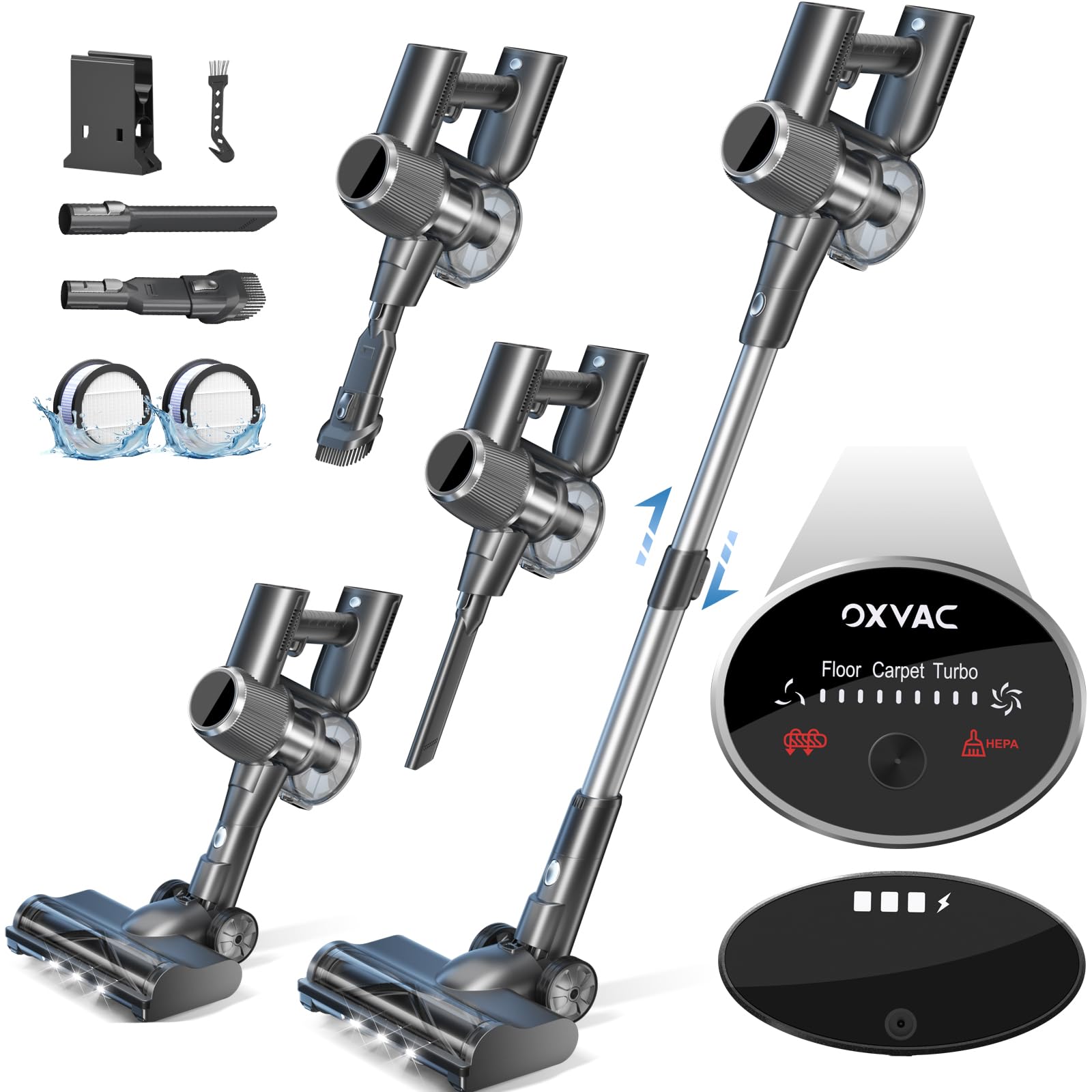 Cordless Vacuum Cleaner, 500W 45KPA 60 Mins Self-Standing Vacuum Cleaners for Home, Anti-tangle Stick Vacuum with Dual LED Screen, Rechargeable Cordless Vacuum for Pet Hair/Carpet/Floor (Deep Gray)