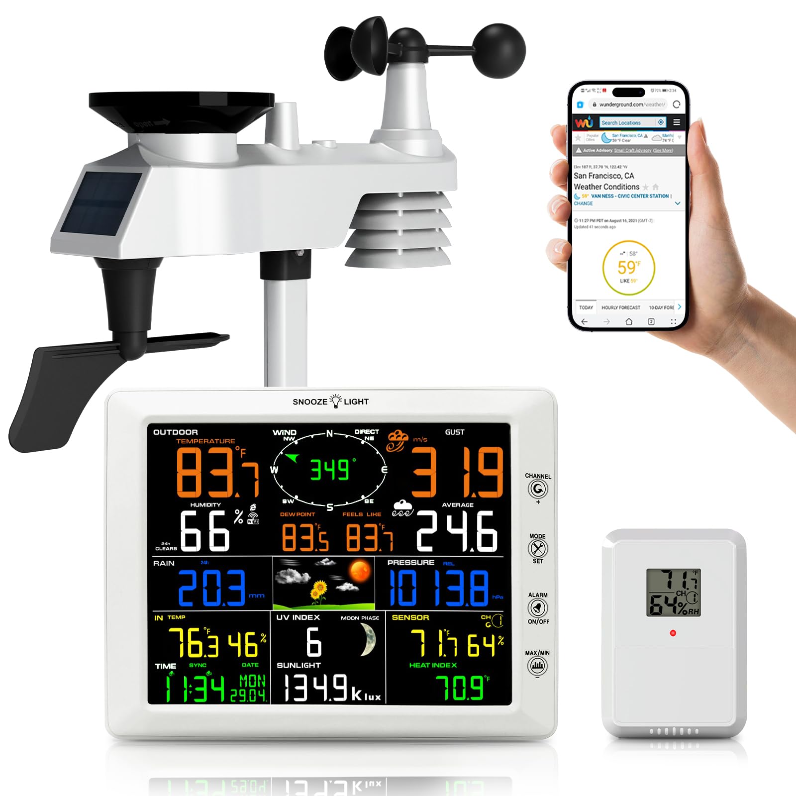 AIRAIN TECH WiFi Weather Station, 14-in-1 Indoor/Outdoor Wireless Weather Stations with Large Display, Home Weather Station with Rain Gauge, Wind Speed/Direction, Barometer, Clock, Weather Forecast