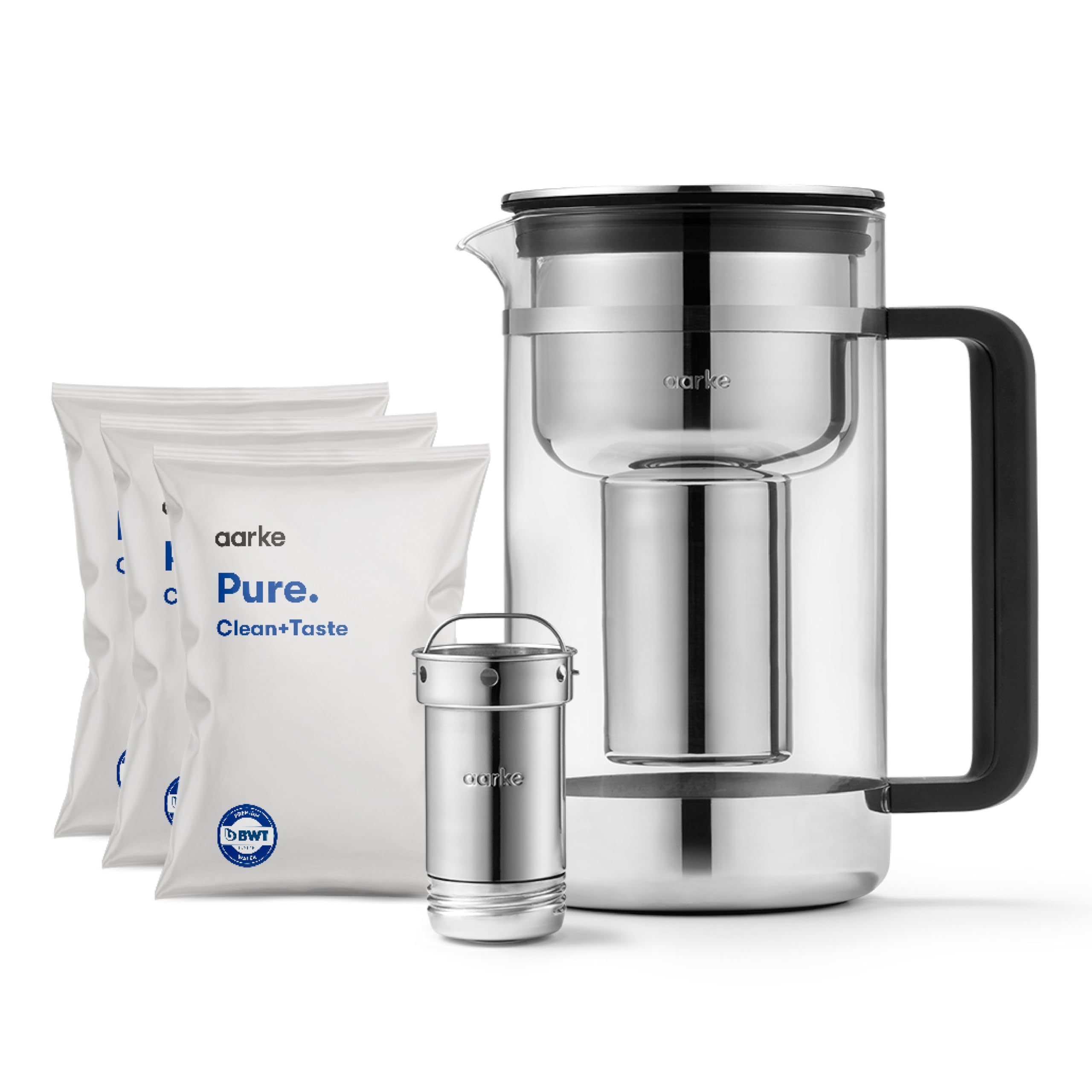 aarke Purifier Large - 1.66 L Glass Water Filter Pitcher Bundle, Refillable Stainless Steel Filter, BPA-Free, Includes (3-Pack) Refill Pure Granules, Reduce Heavy Metals