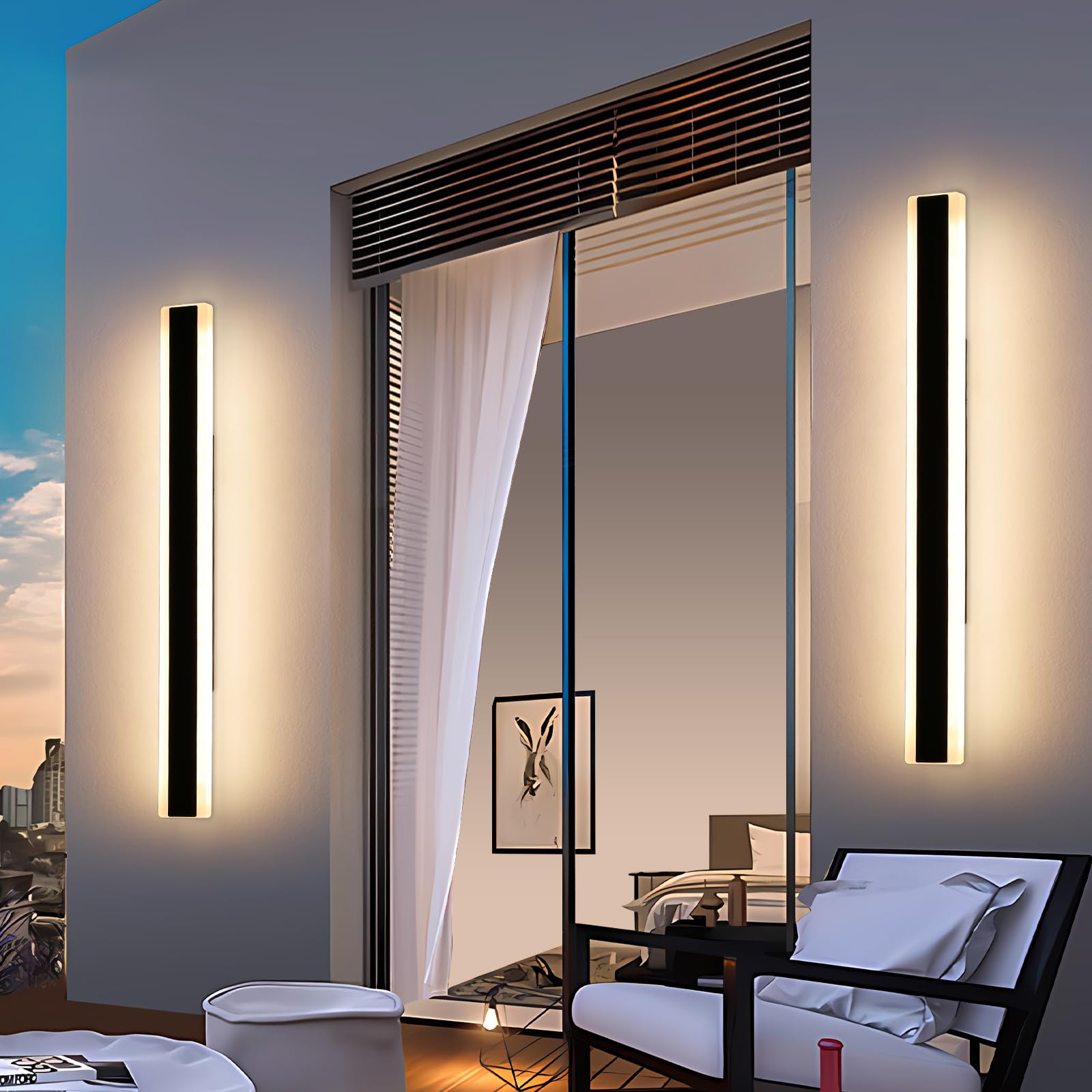 Mikeru 2Pack 47inch Outdoor Wall Light Fixtures, 3000/4500/6000K 3 Color Modern Black Linear Wall Lights Front Porch Light Wall Mounted Led Lighting for Basement, Shop,Garage Lighting