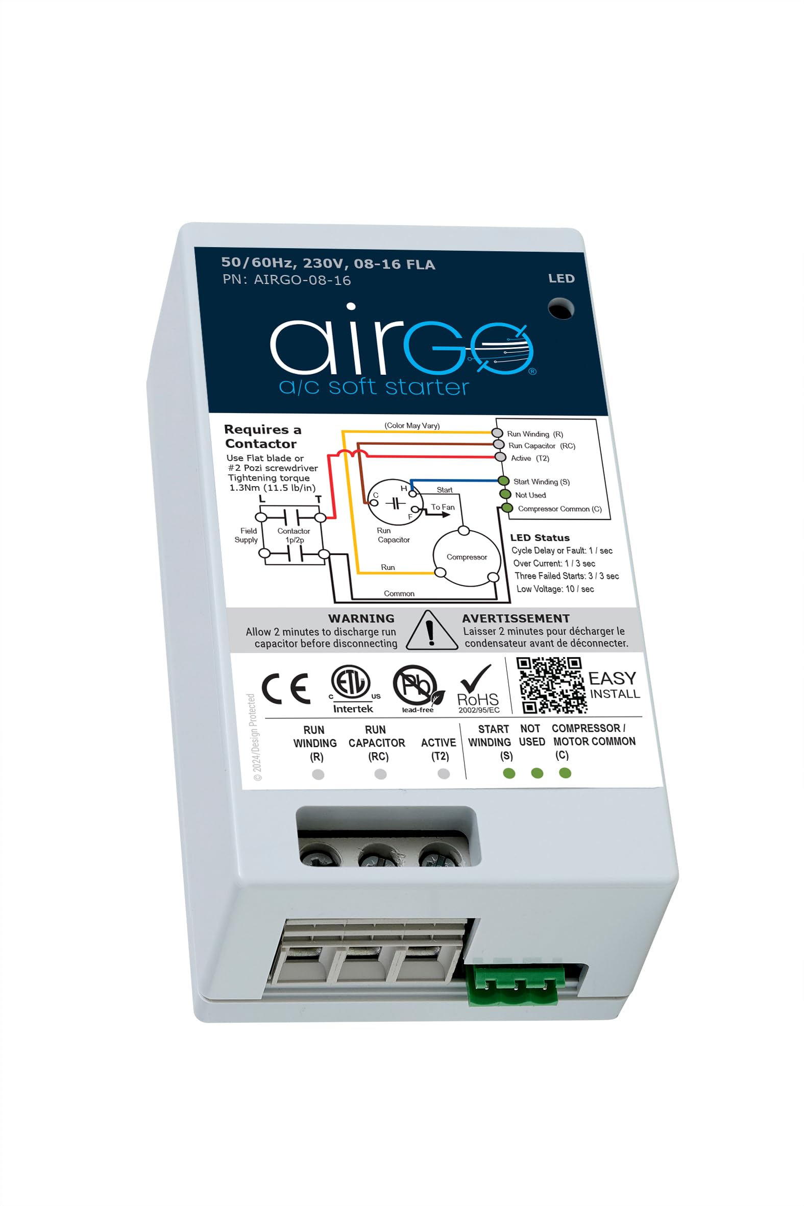 AIRGO AC Soft Starter. Proprietary Reverse Motor Protection for utility and/or generator power, Easy DIY Install - wire kit included, Install inside AC with Smallest Soft Start available. (08-16A)