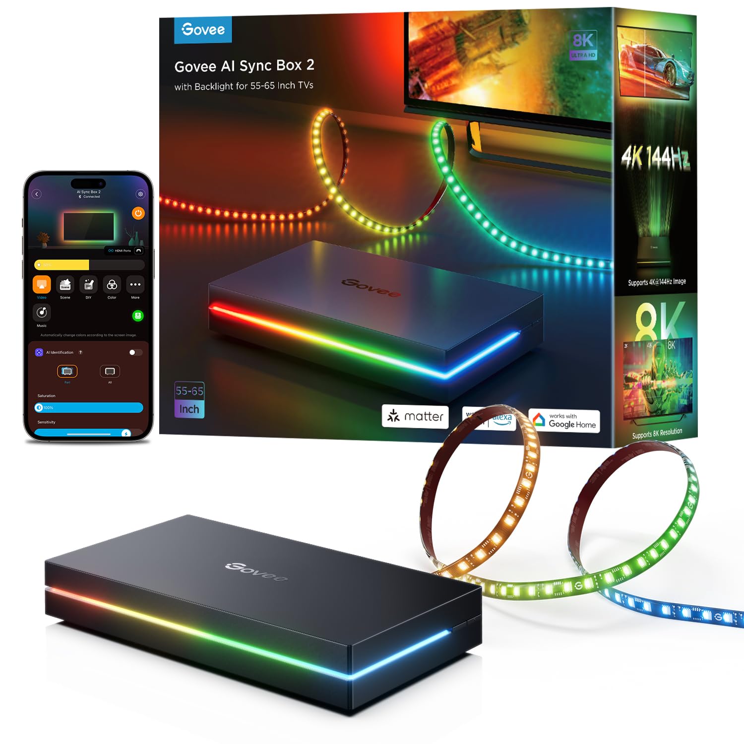 Govee HDMI 2.1 Sync Box 2, AI Sync Box with TV Backlight, Supports 8K@60Hz, 4K@144Hz, VRR and ALLM, Works with Matter and Alexa, RGBIC LED Light Strip for 55-65 inch TVs, 75 LEDs/m