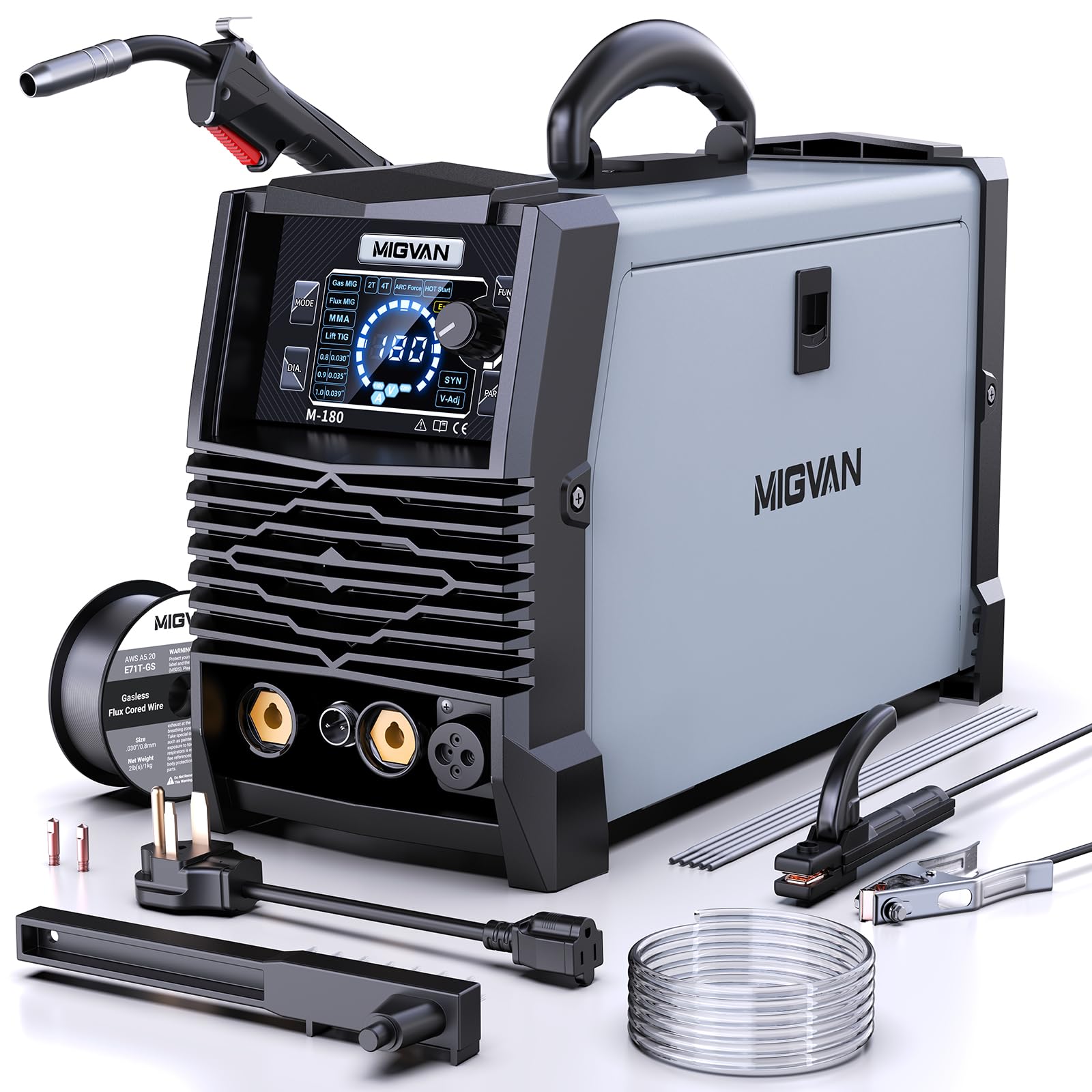 MIGVAN 180A MIG Welder Machine, 110V/220V Dual Voltage Gas/Gasless Flux Core/Lift TIG/Stick/Spool Gun 5-in-1 Synergic Welding with 2T/4T, Portable Welders for Beginner, DIYers & Professionals