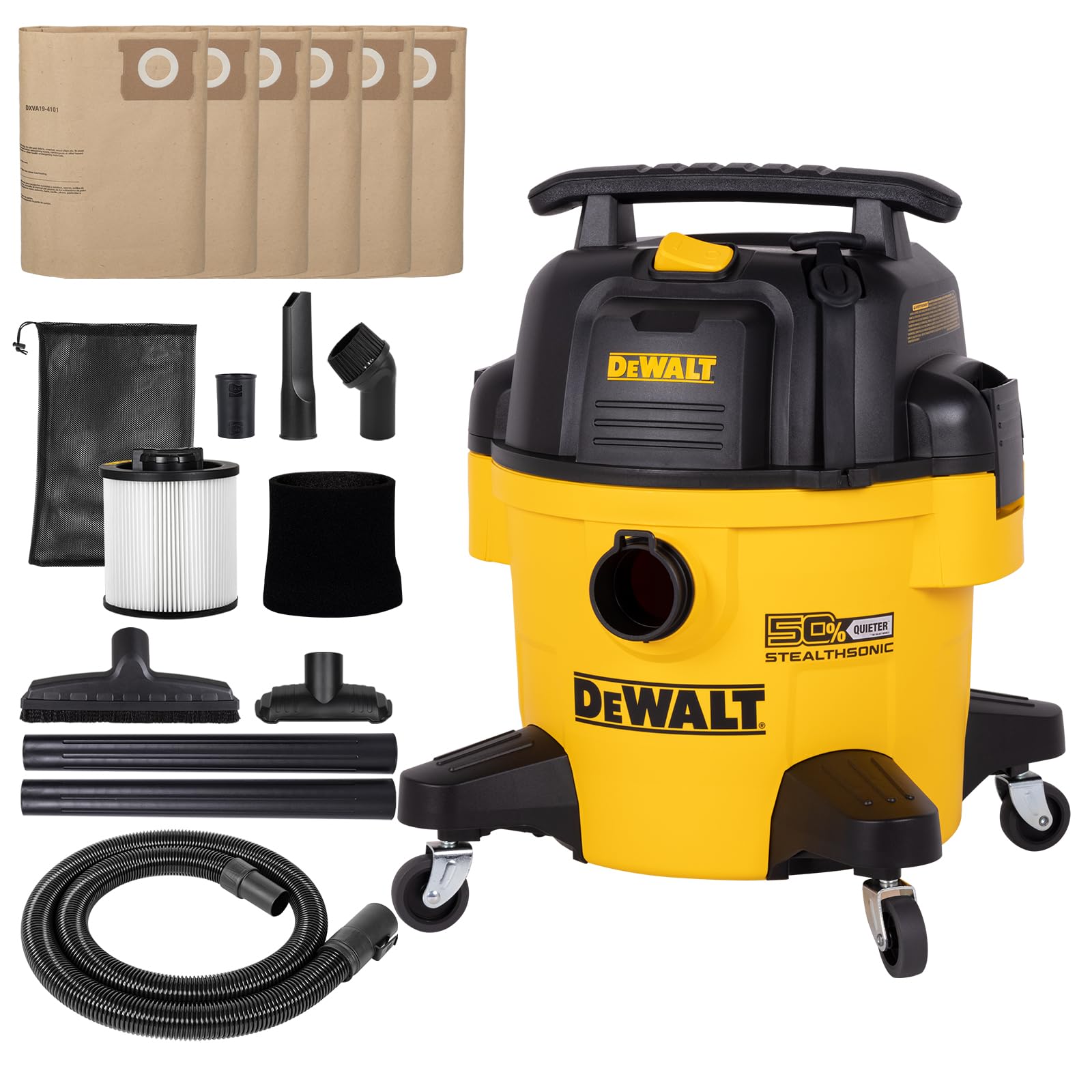 DEWALT 6 Gal Stealthsonic Shop Vacuum Wet and Dry, 5 Peak HP Poweful Suction Ultra-Quiet Vacuum Cleaner with Complete Accessory Kit and 6 Dust Bages, Shop Vac for Home, Jobsite, Workshop, Garage, Car