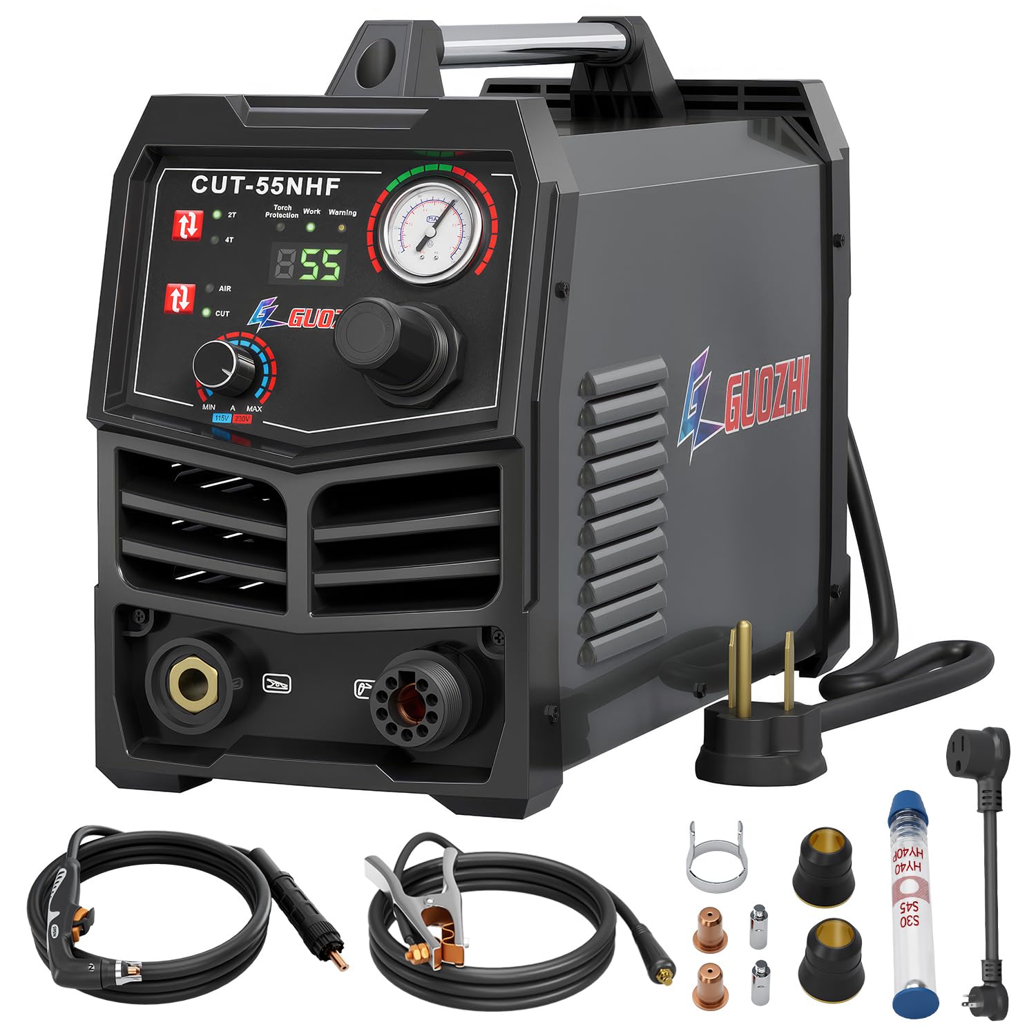 GZ GUOZHI CNC Plasma Cutter, 55 Amp Non-HF Non-Touch Pilot Arc, THC Torch Height Control Enabled, Dual Voltage 110V/220V Digital Plasma Cutter Machine